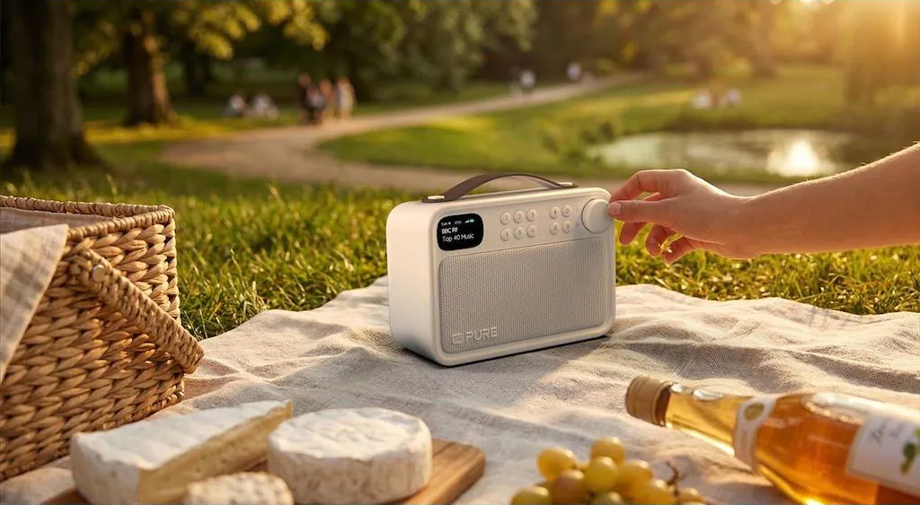 Un pique-nique dans un parc avec du fromage, du vin et une main actionnant une radio.
