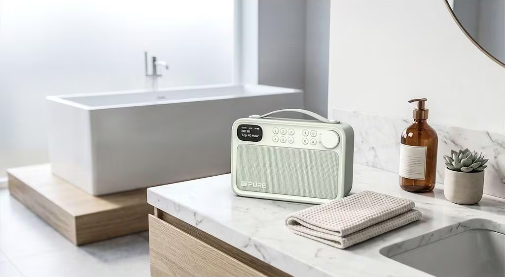 Une radio blanche de salle de bain repose sur un comptoir en marbre à côté d'un flacon distributeur de savon.