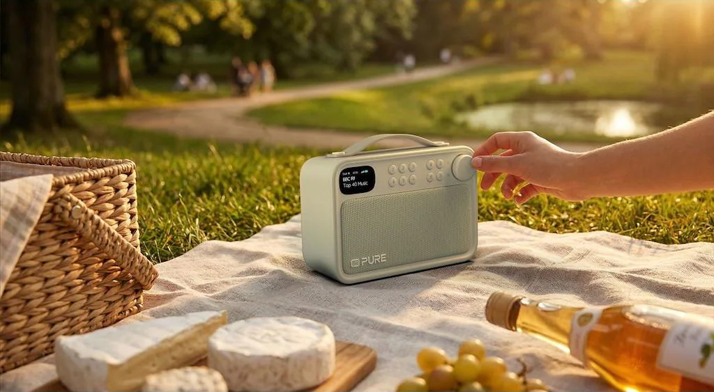 Une main tourne une radio vert clair sur une couverture de pique-nique avec du fromage et du vin.