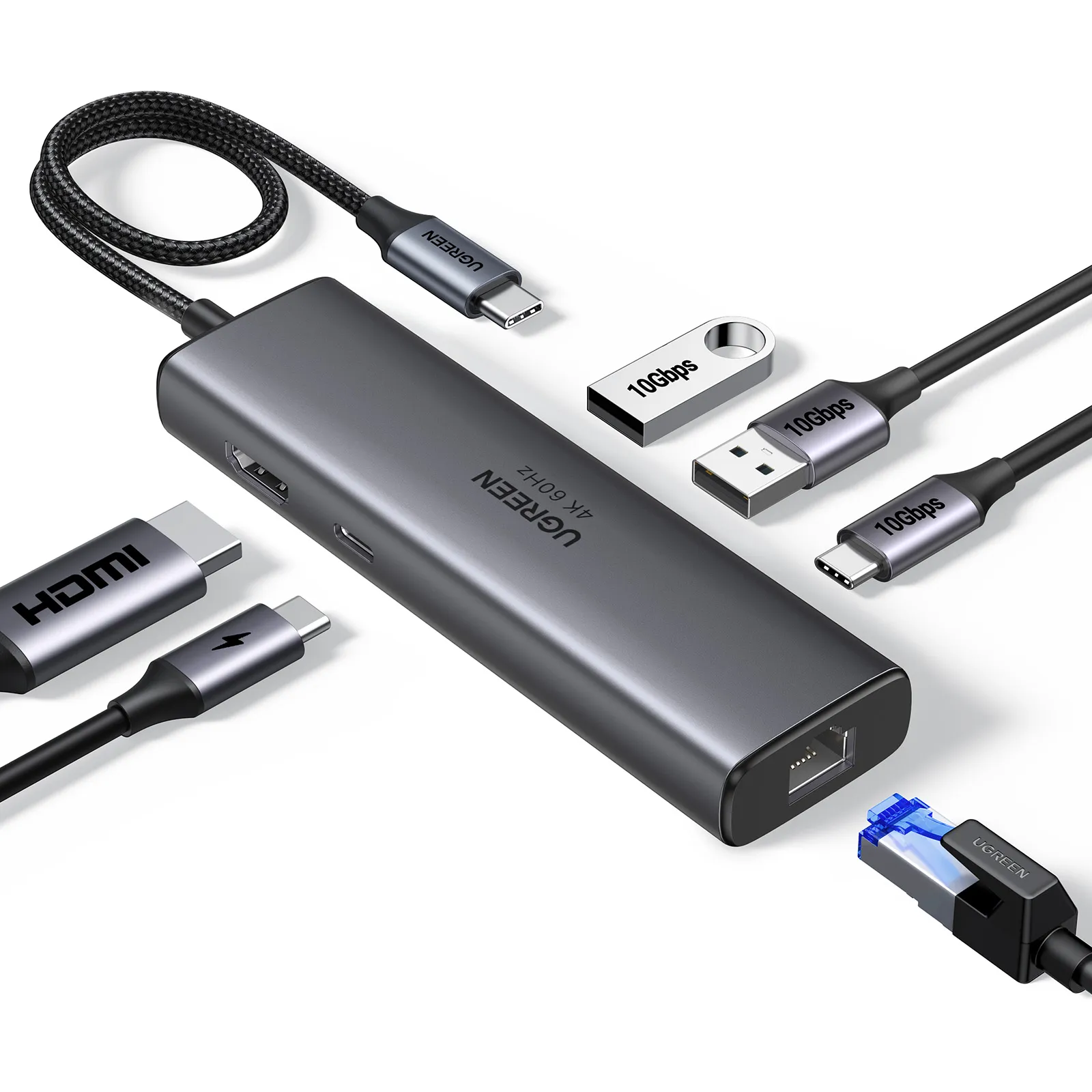 Hub USB-C grigio con cavi HDMI, USB-A, USB-C ed Ethernet.