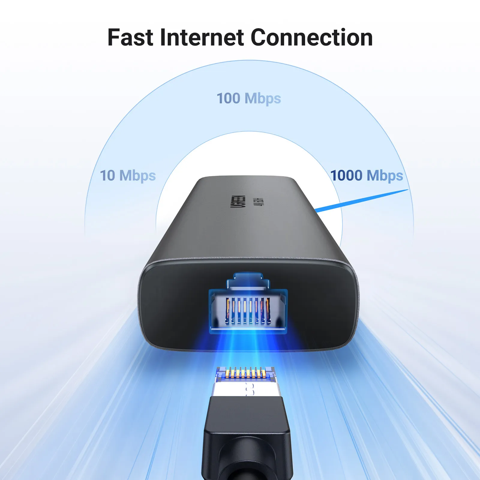 Dongle grigio con porta Ethernet e luci lampeggianti, mostra 10, 100, 1000 Mbps.
