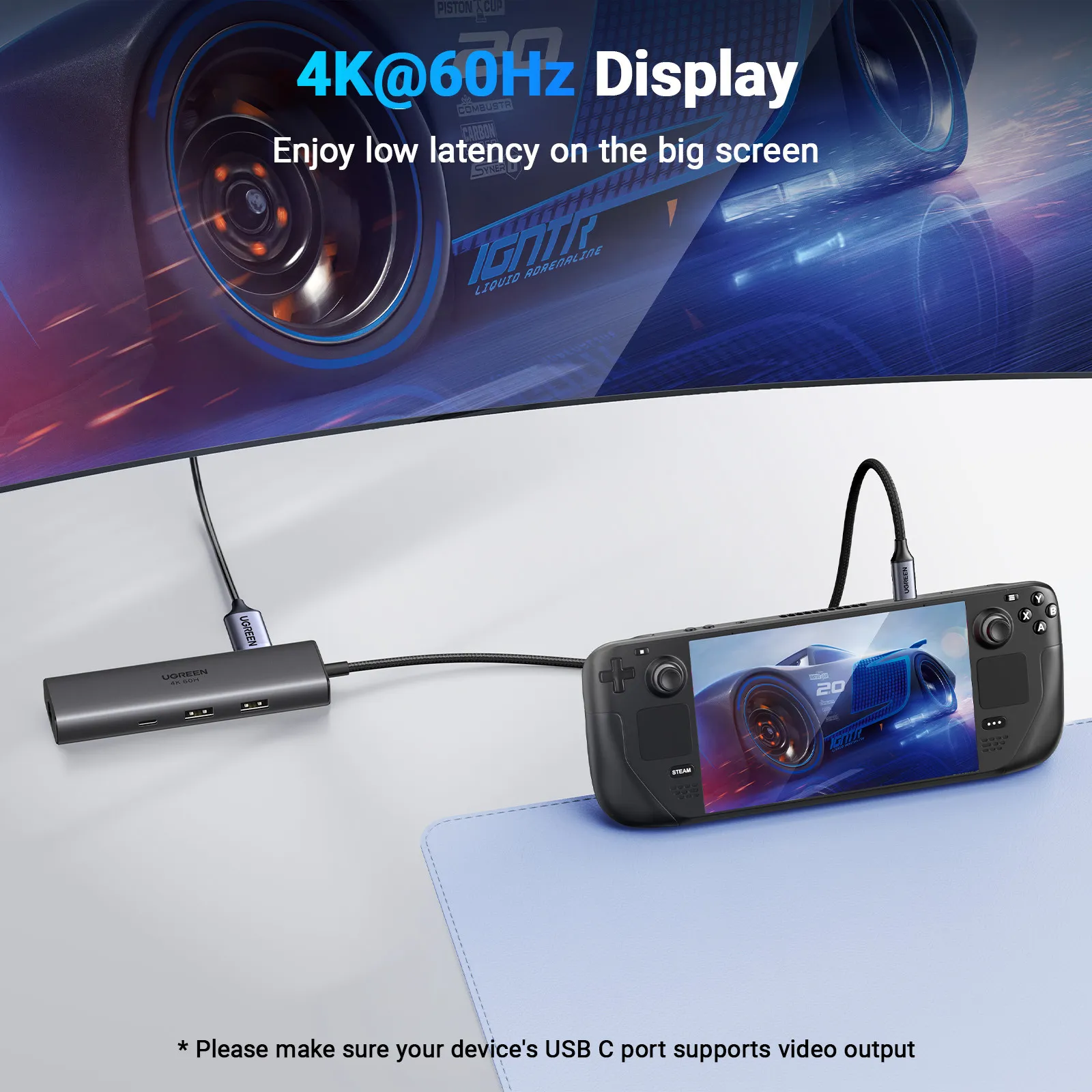 Un handheld da gioco è collegato a un display 4K tramite un hub USB-C.