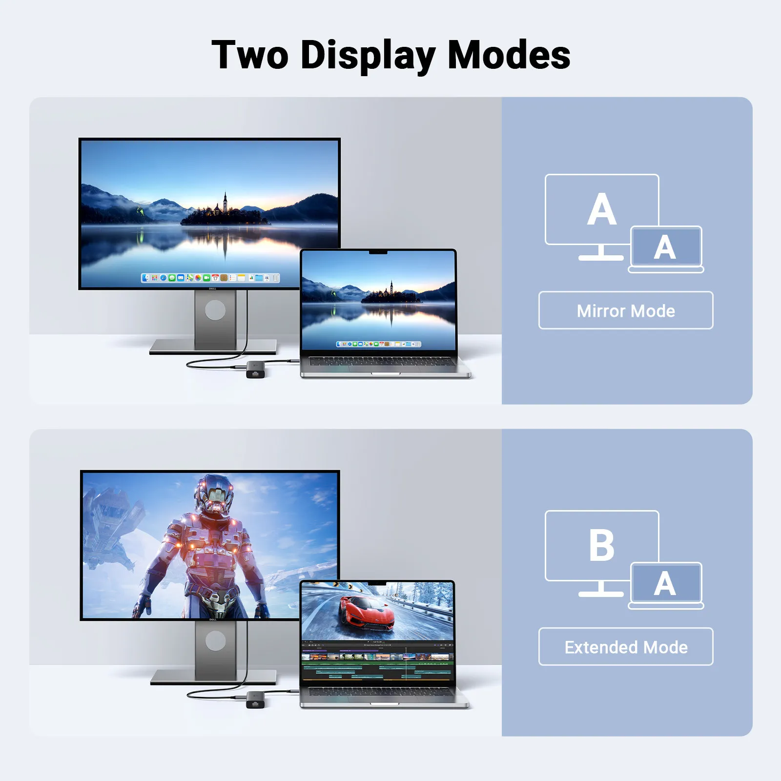 Due modalità di visualizzazione: Mirror ed Esteso, con laptop e monitor.