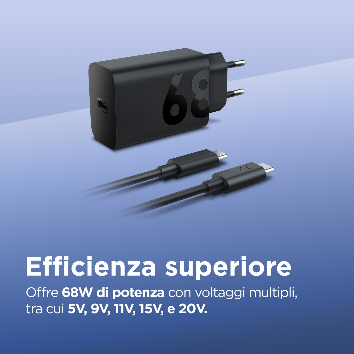 Caricatore USB-C nero da 68W con due cavi su sfondo blu.