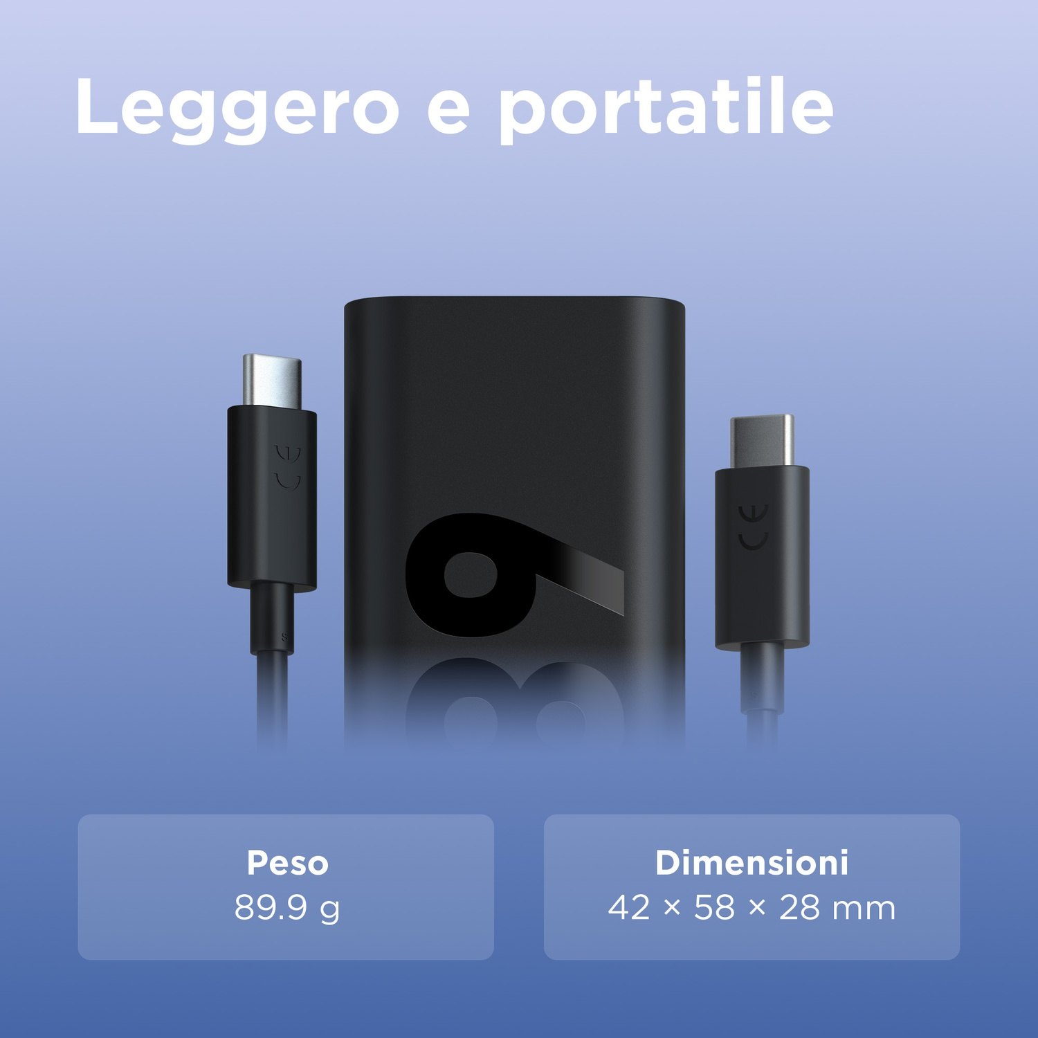 Adattatore di ricarica nero con due cavi USB-C, 89,9 g, 42x58x28 mm.