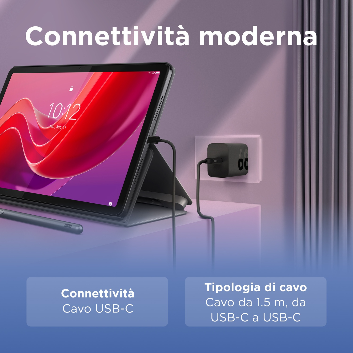 Un tablet con cavo USB-C è collegato a un caricabatterie.