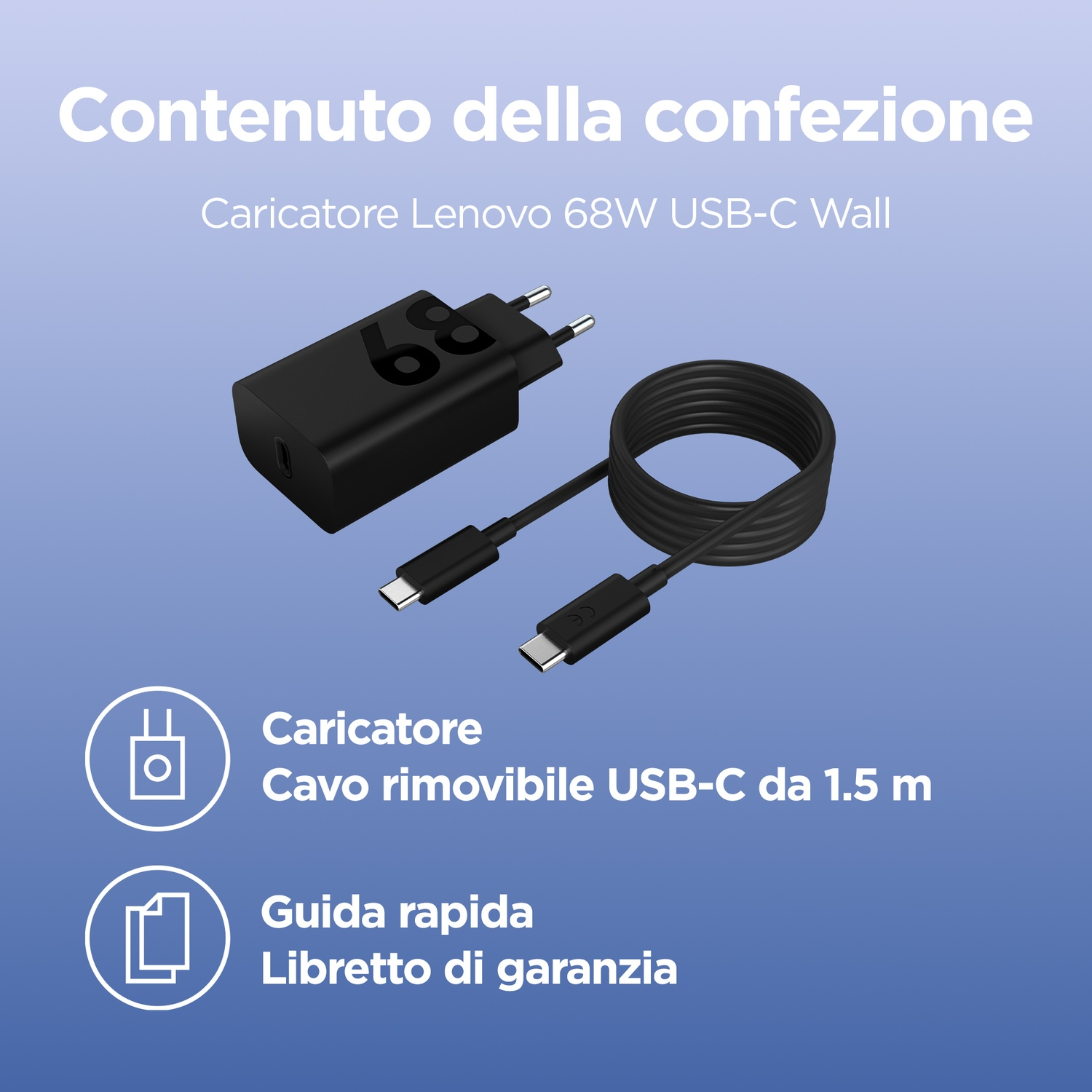 Caricatore Lenovo 68W USB-C nero con cavo, manuale e libretto garanzia.