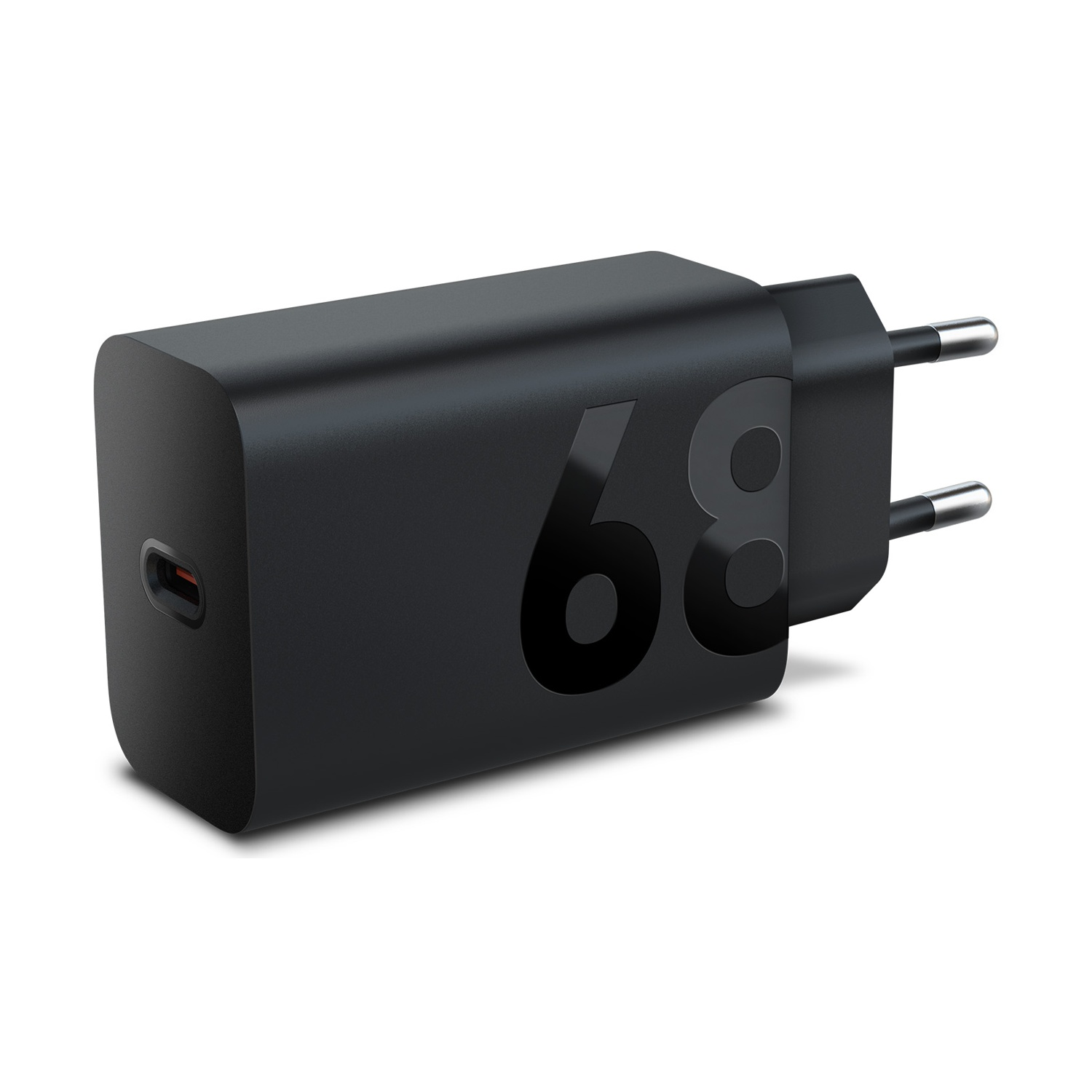 Caricatore USB-C nero con logo "68" e due pin argentati.