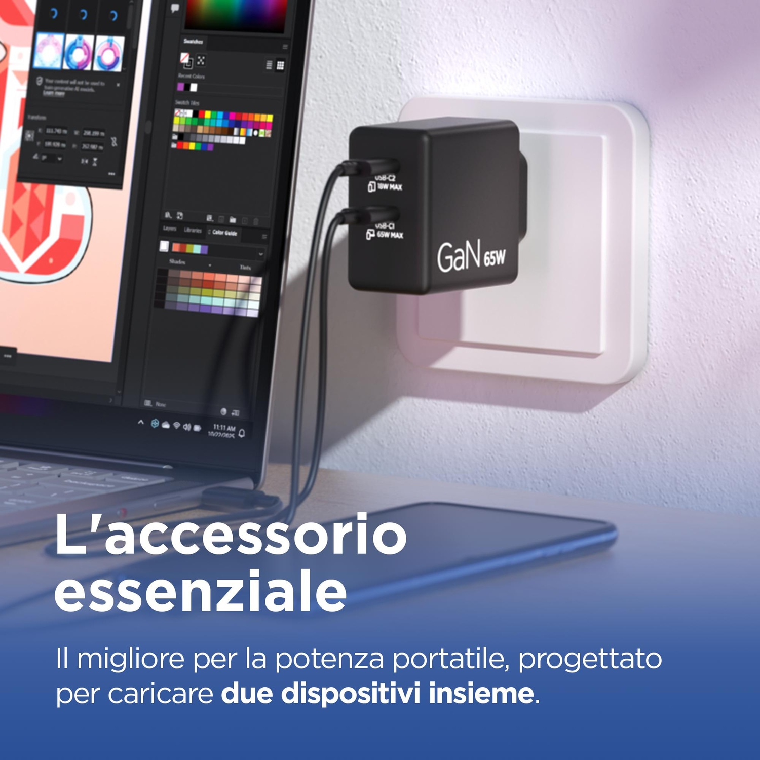 Un caricatore nero GaN da 65W con due porte USB-C è collegato a una presa a muro bianca.