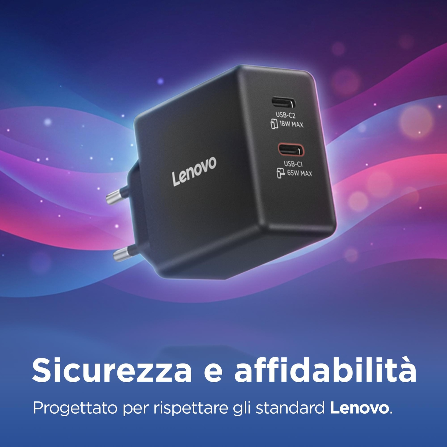 Un adattatore di alimentazione Lenovo nero con due porte USB-C su uno sfondo colorato.