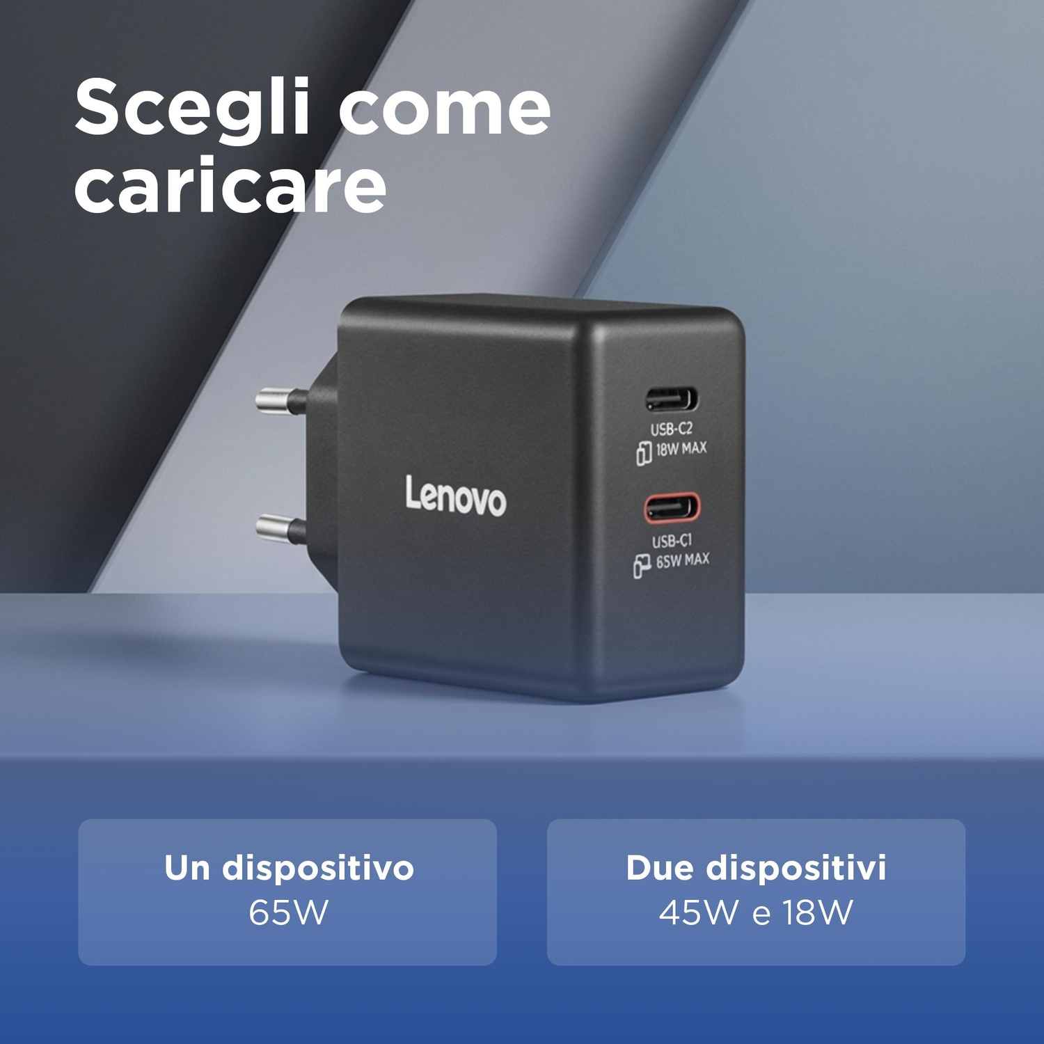 Alimentatore Lenovo nero con due porte USB-C, 65W max.