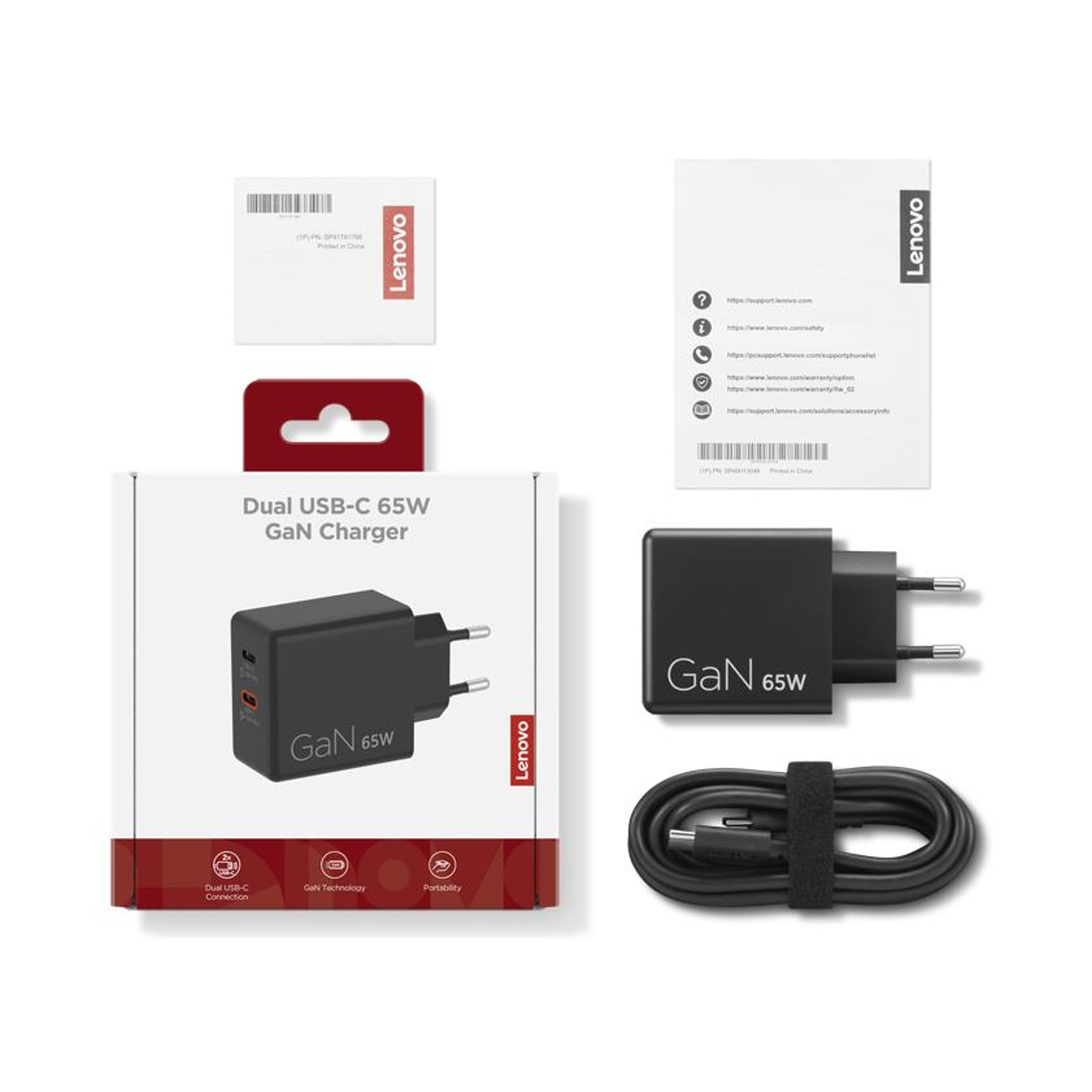 Caricatore Lenovo 65W GaN con doppia porta USB-C, cavo, manuale e confezione.