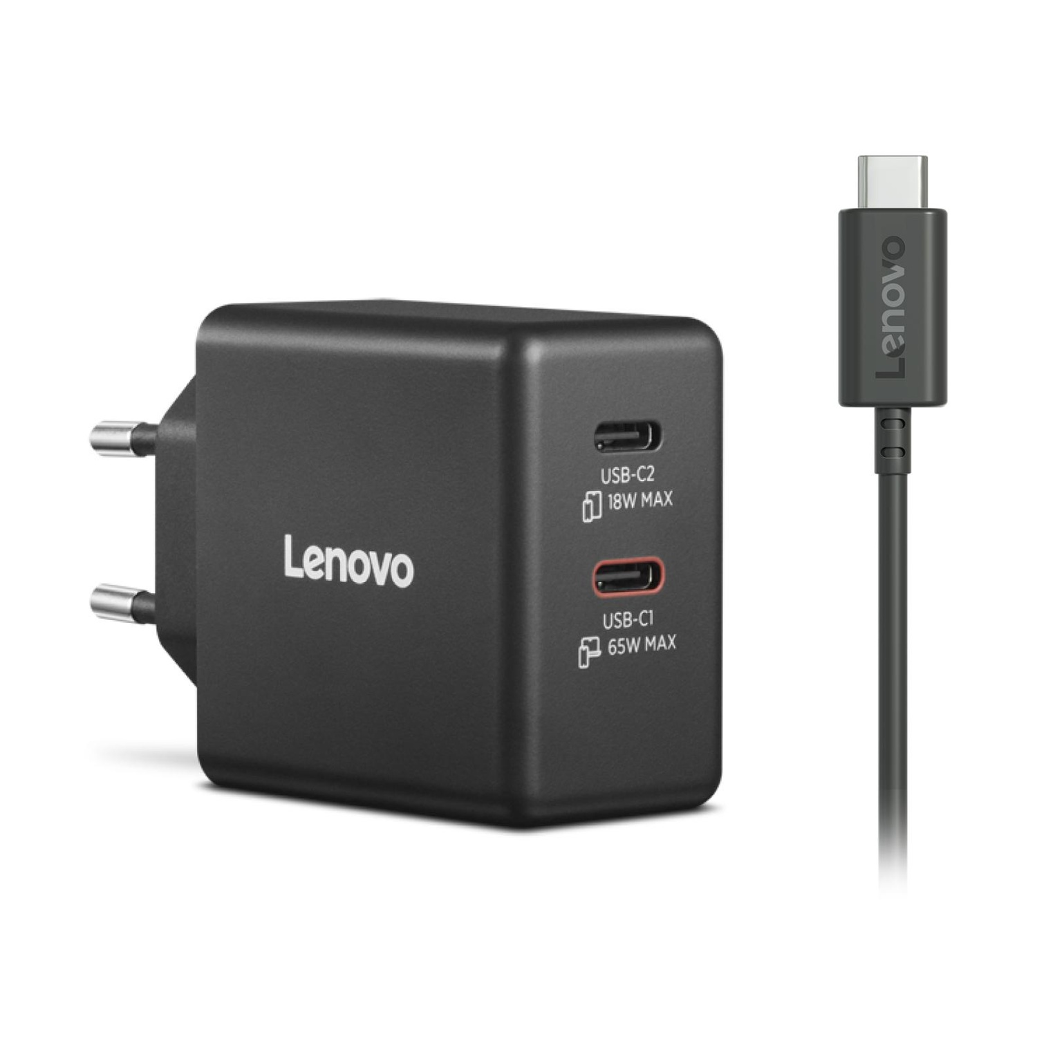 Adattatore di corrente Lenovo nero con due porte USB-C e un cavo USB-C.