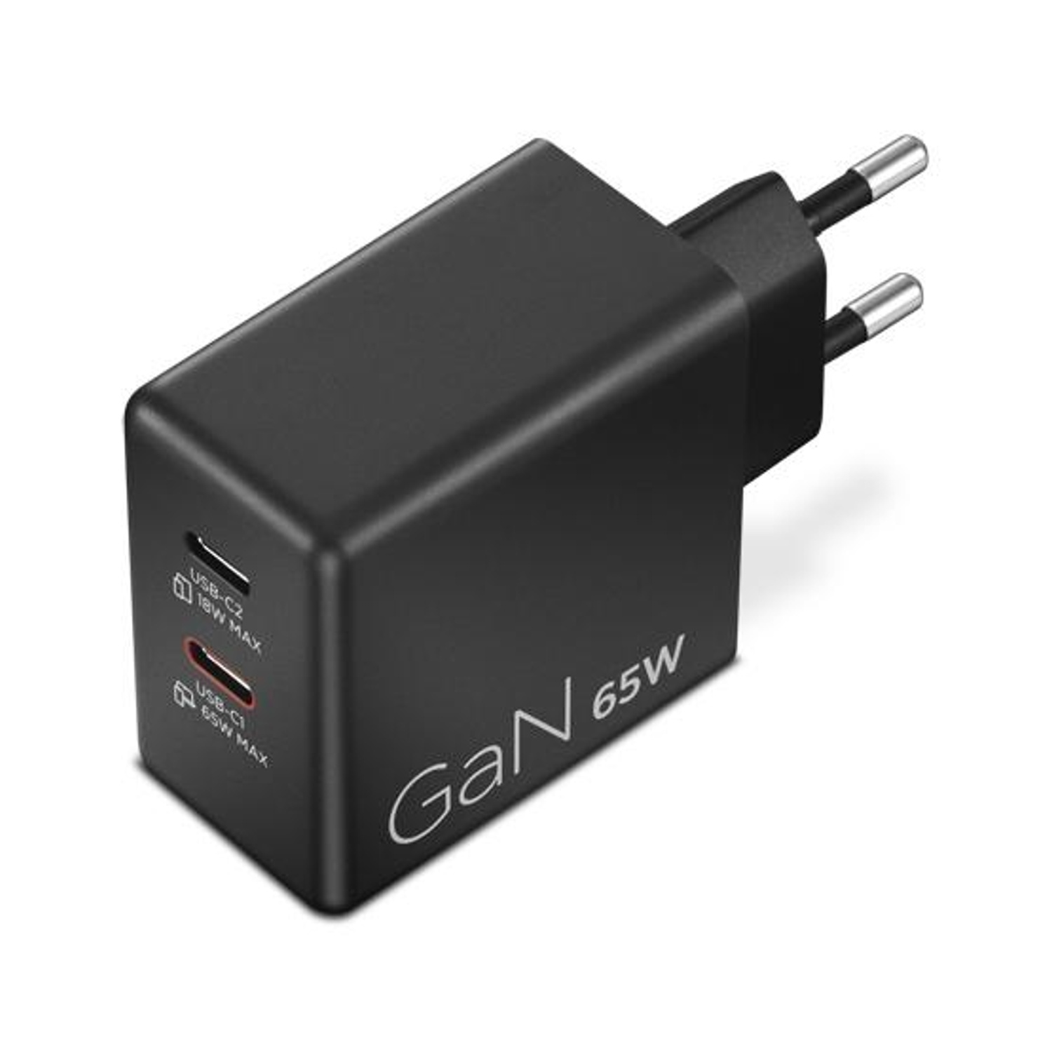Caricatore USB-C nero GaN da 65W con due porte e spina europea.