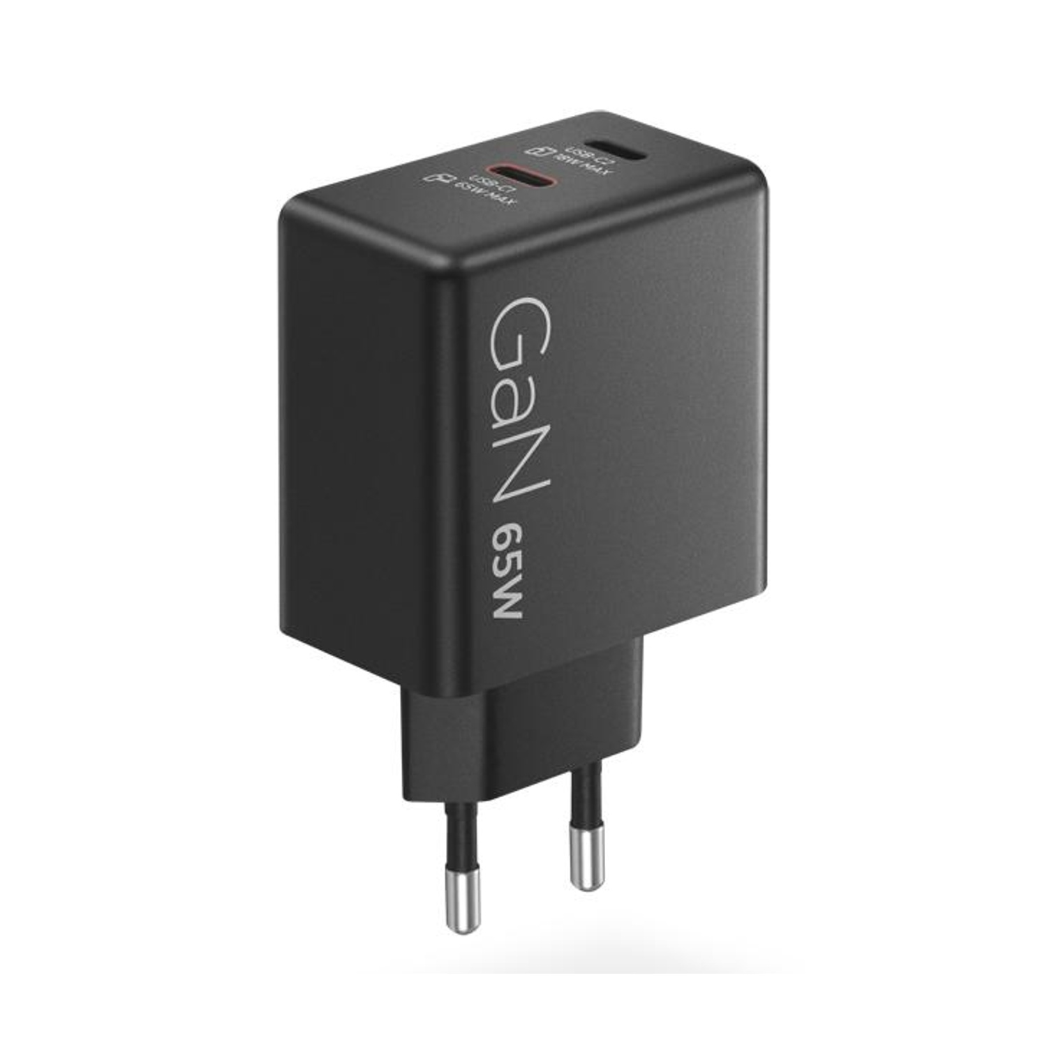 Caricatore nero GaN da 65W con due porte USB-C e pin pieghevoli.
