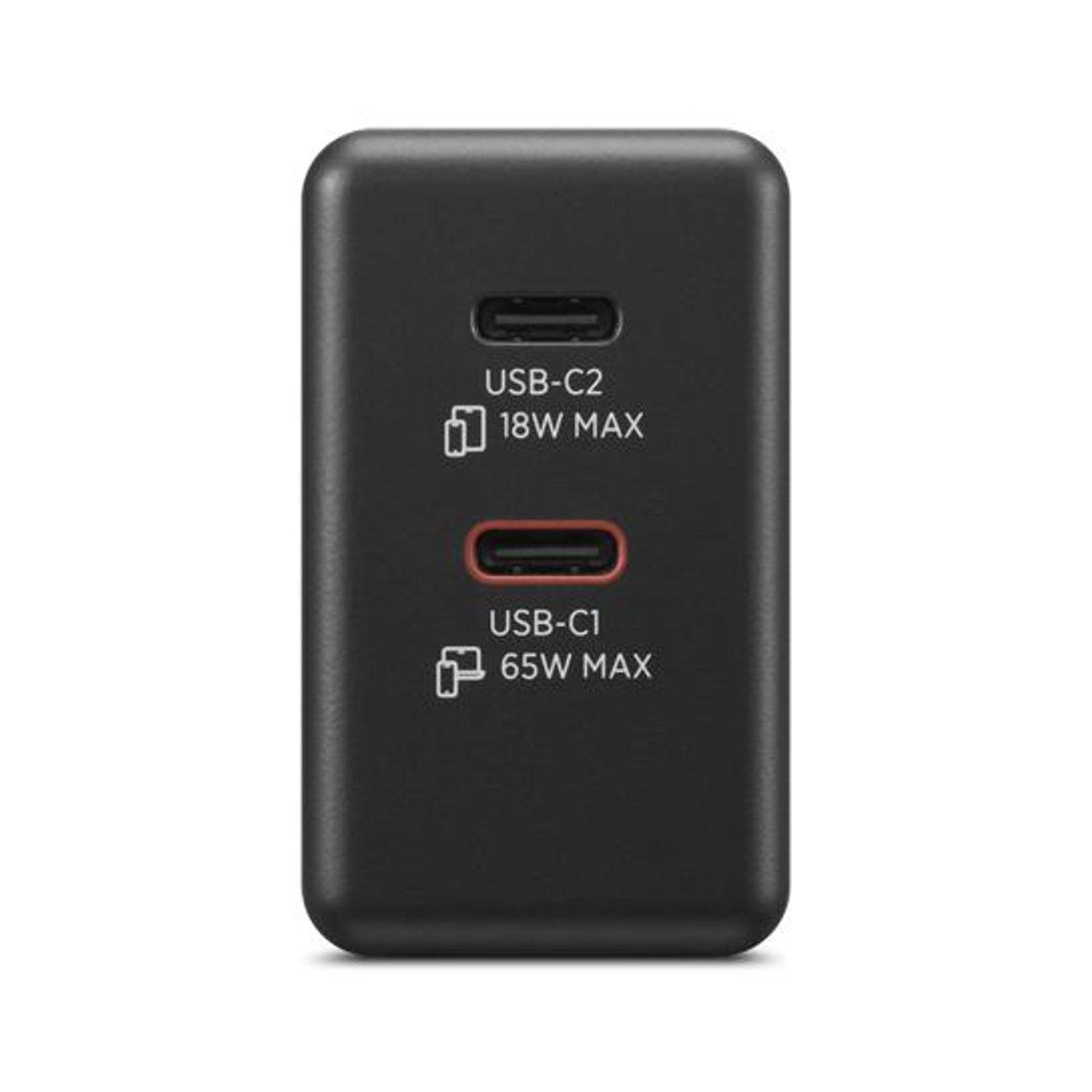 Caricatore USB-C nero con due porte: USB-C 18W MAX e USB-C 65W MAX.