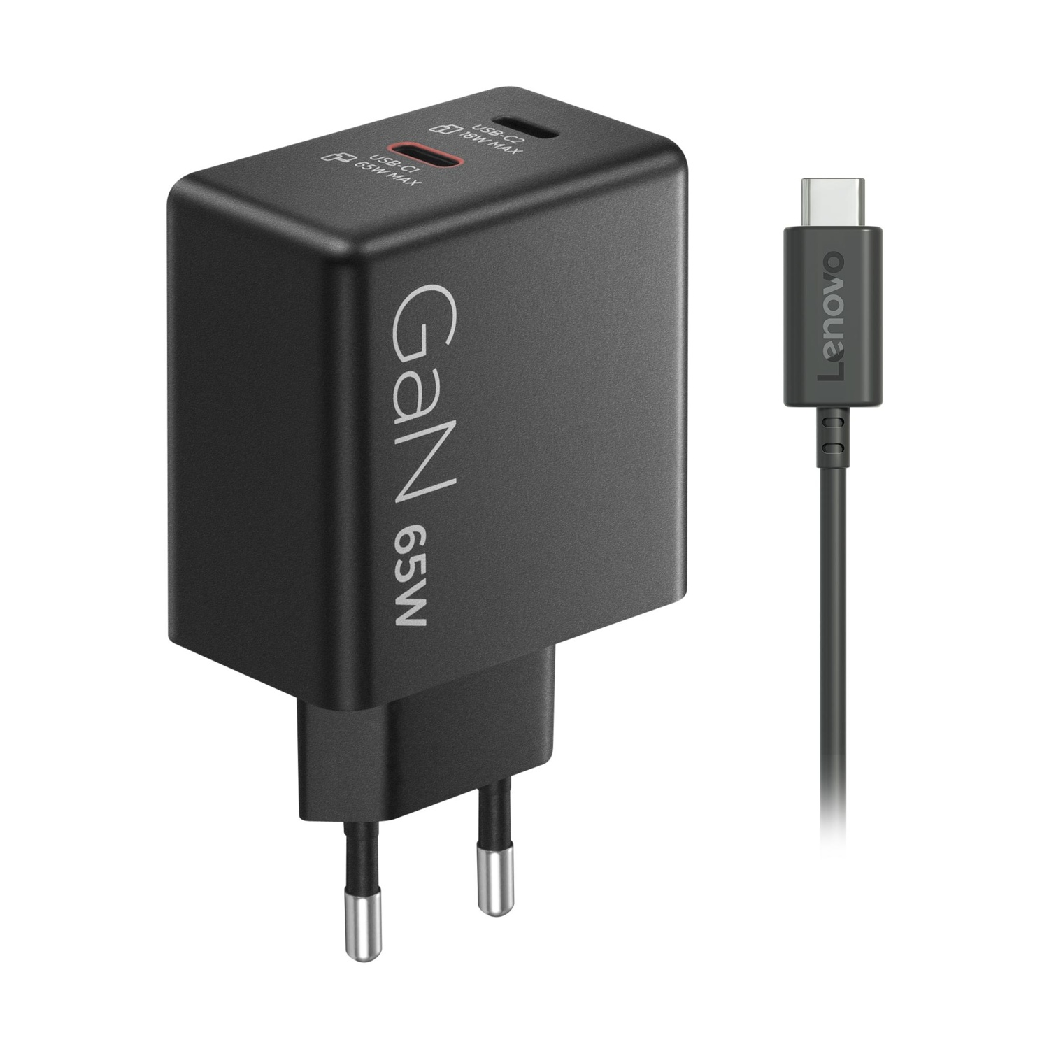 Caricabatterie nero GAN 65W con cavo USB-C Lenovo.