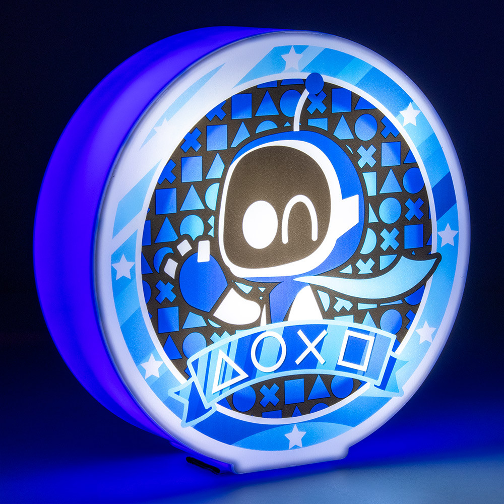 Kerek, kék, világító lámpa rajzfilm robot és PlayStation szimbólumokkal.