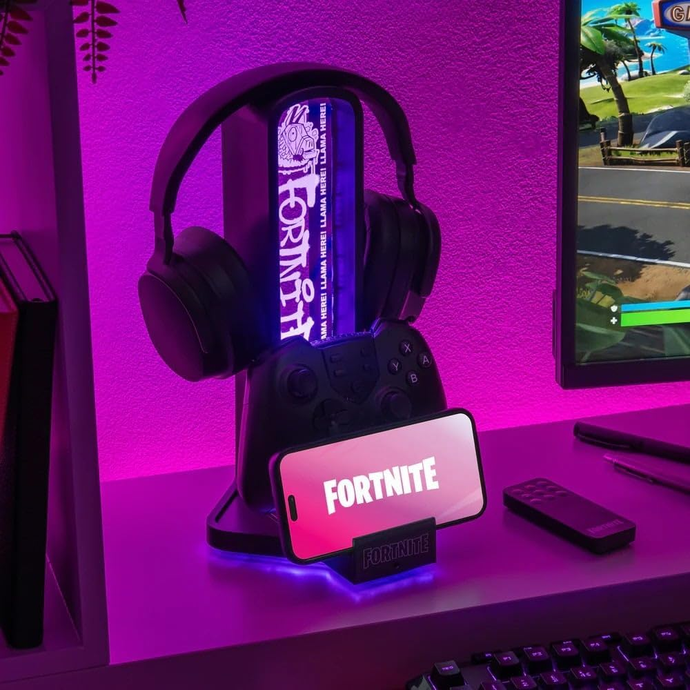 Fortnite fejhallgató-tartó kontrollerrel, telefonnal és LED világítással.