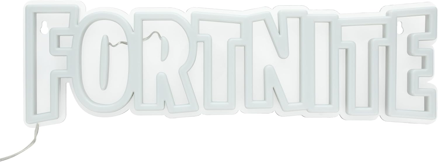 Egy fehér Fortnite neonfény tábla vezetékkel.