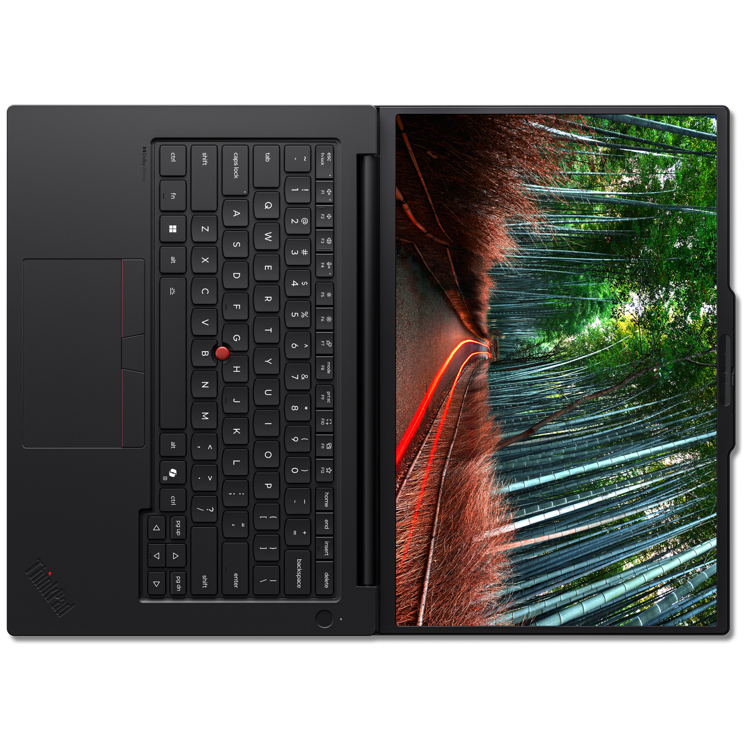 Een zwarte laptop met toetsenbord en scherm met een bamboebos.