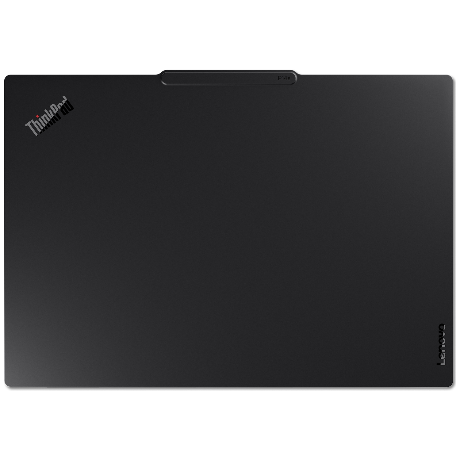 Zwarte laptop met ThinkPad en Lenovo logo's, model P14s.