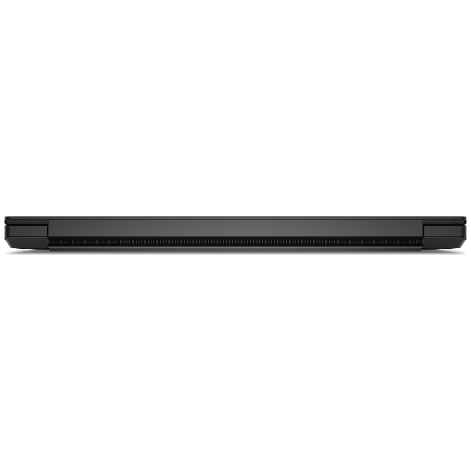 Gesloten zwarte laptop van voren, met ventilatiesleuven.