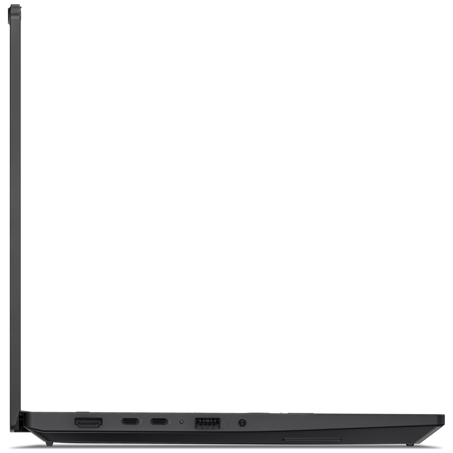 Zijaanzicht van een zwarte laptop met poorten zoals HDMI en USB-C.