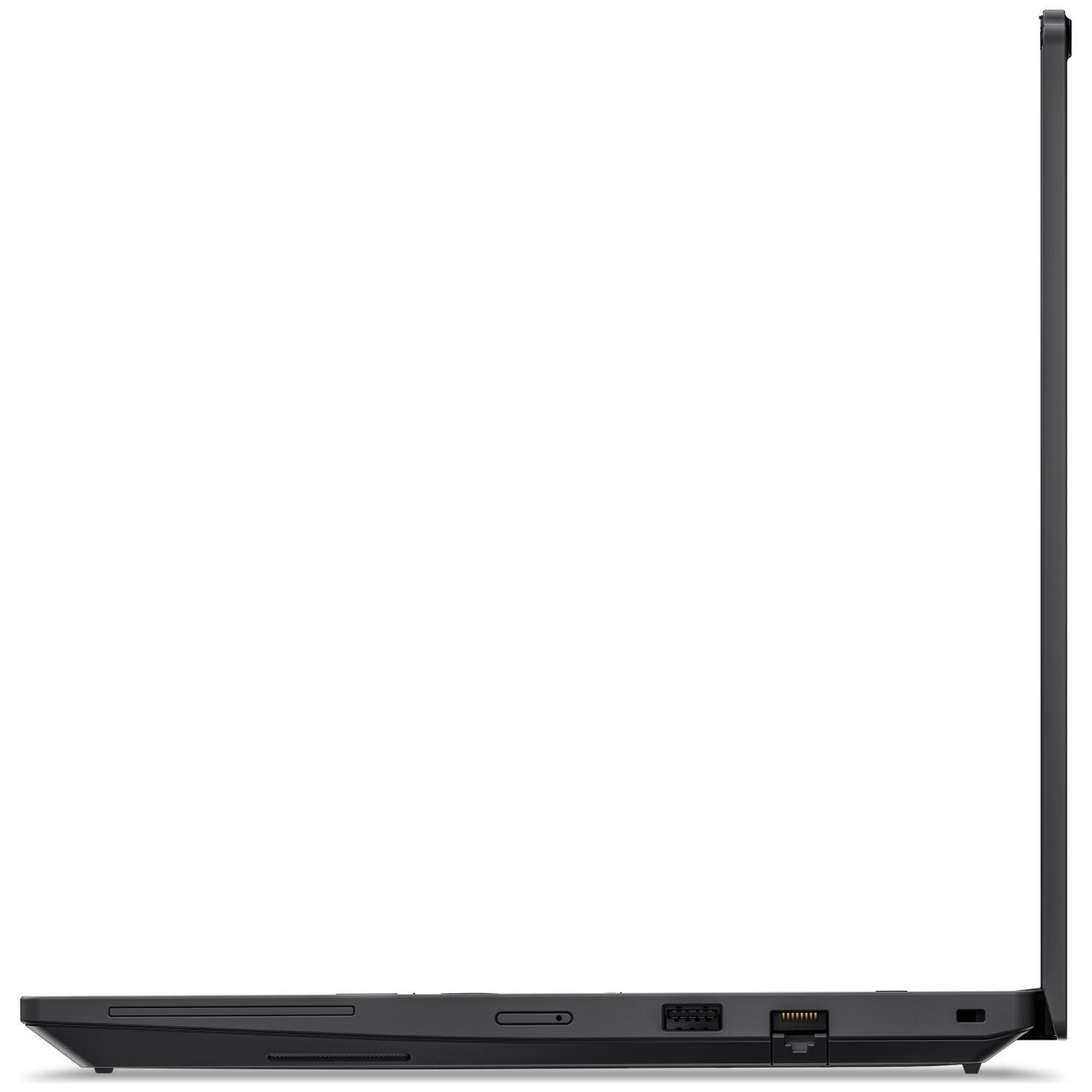 Zijaanzicht van een zwarte laptop met poorten aan de onderrand.