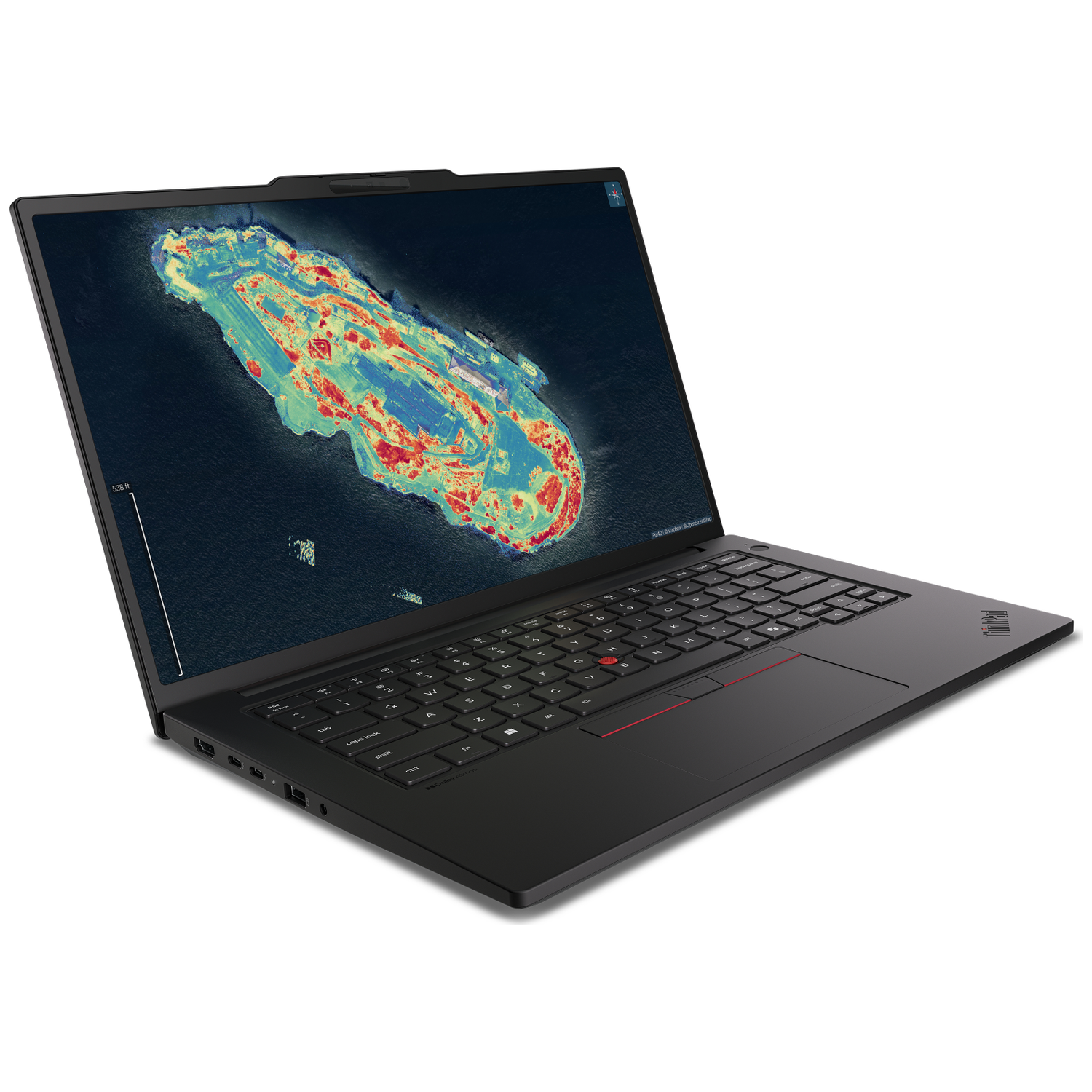 Een zwarte laptop toont een thermische kaart van een eiland met diverse kleuren.