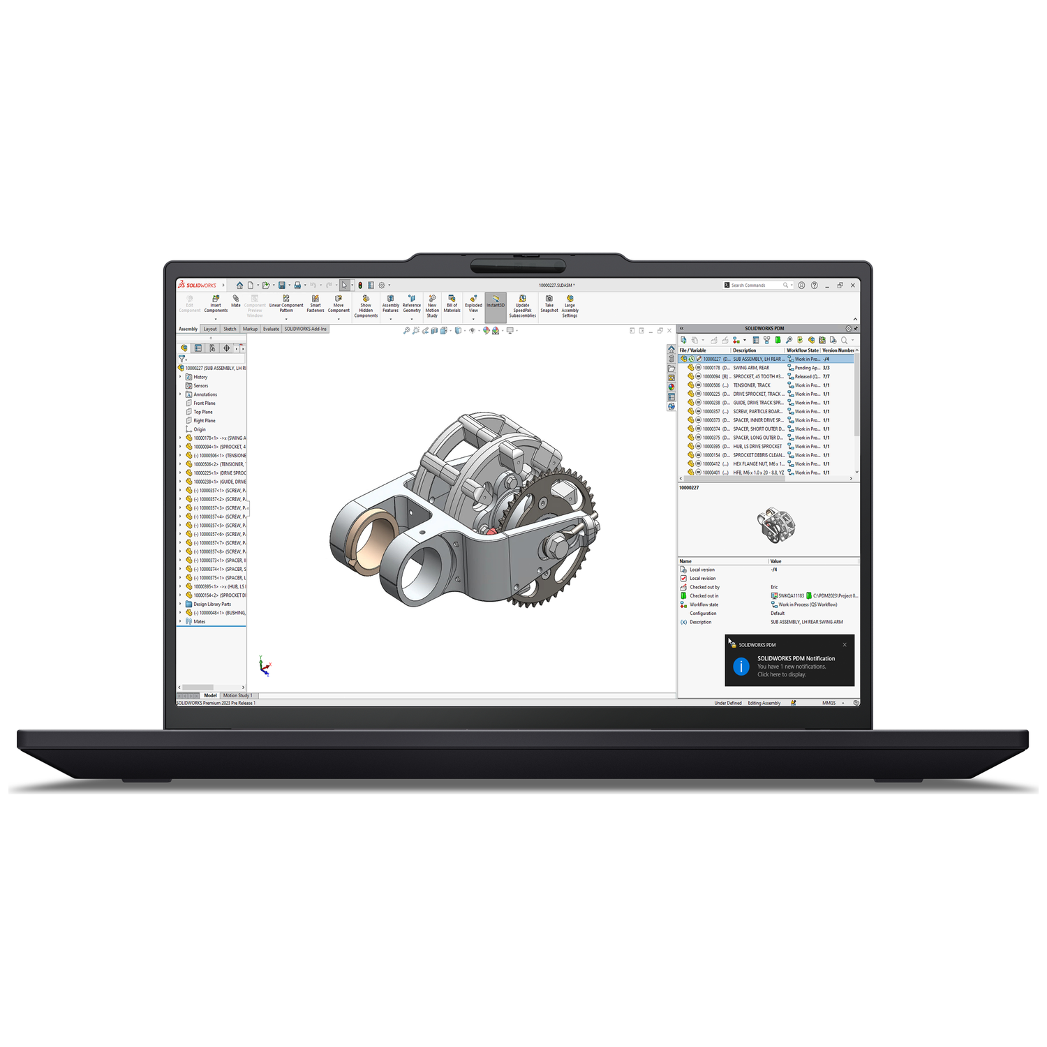 Een laptop toont een 3D CAD-model van een mechanische assemblage met onderdelenlijst.