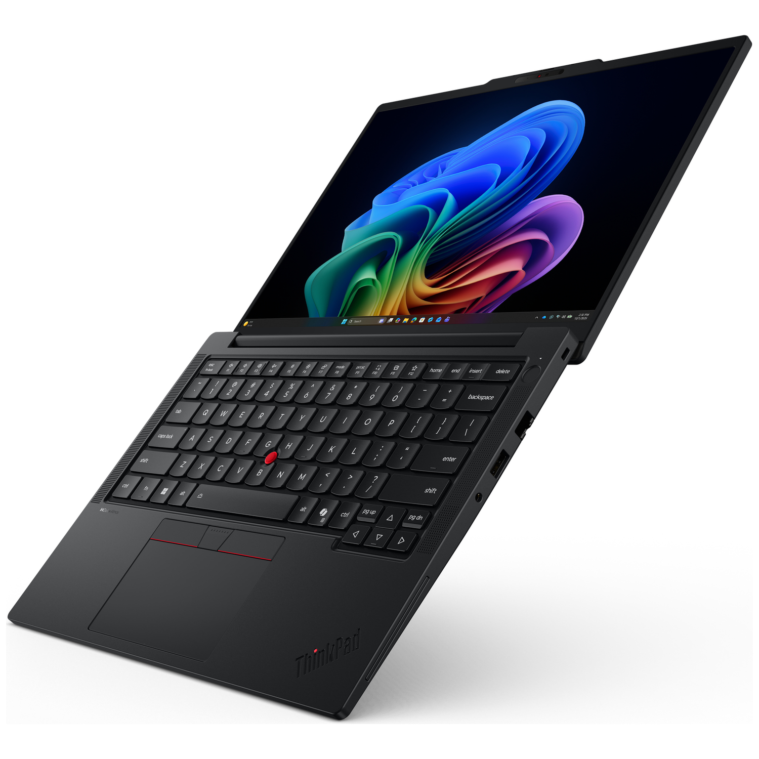 Zwarte ThinkPad laptop open, met toetsenbord en kleurrijke abstracte achtergrond op het scherm.