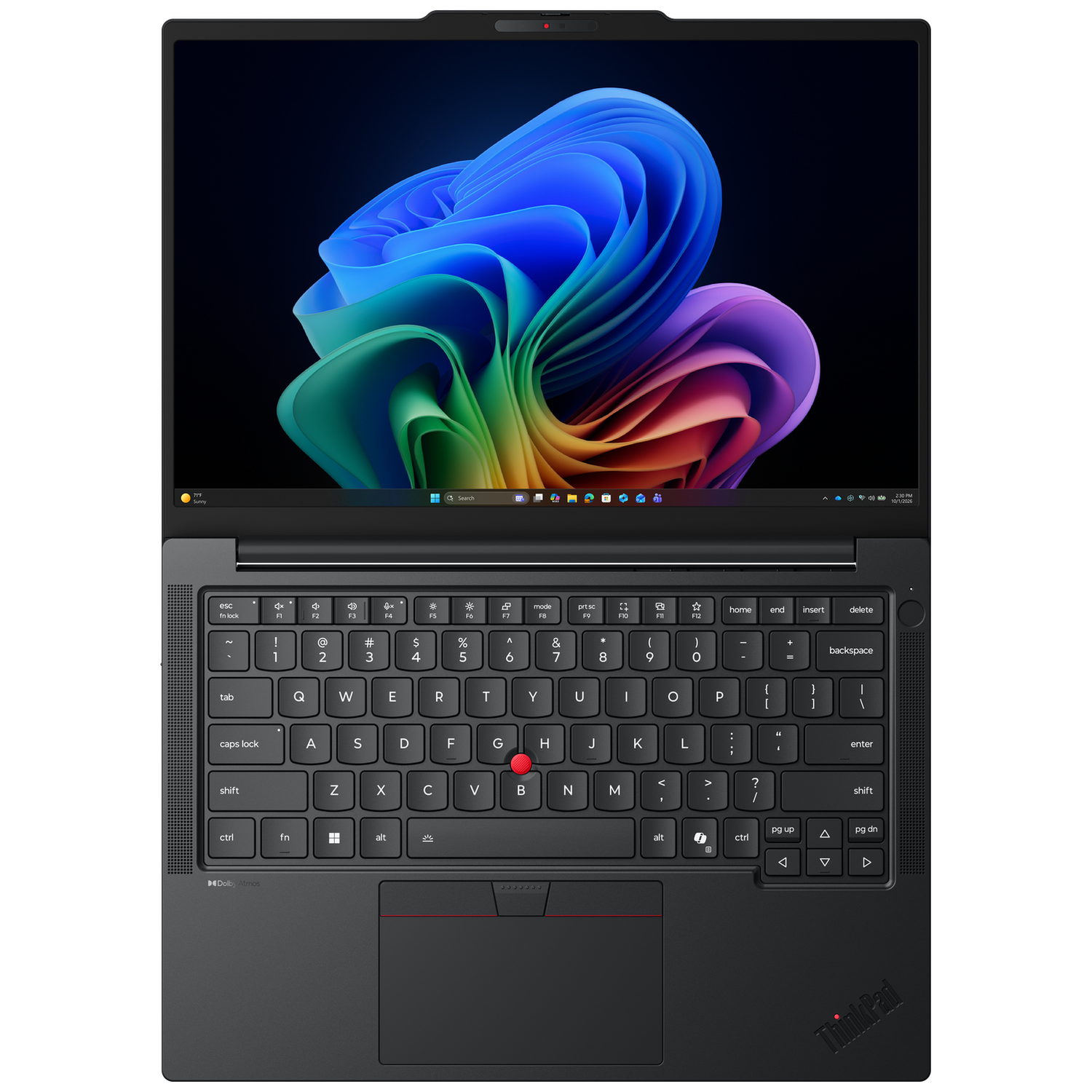Een zwarte ThinkPad laptop is open, met een kleurrijke abstracte achtergrondafbeelding op het scherm.