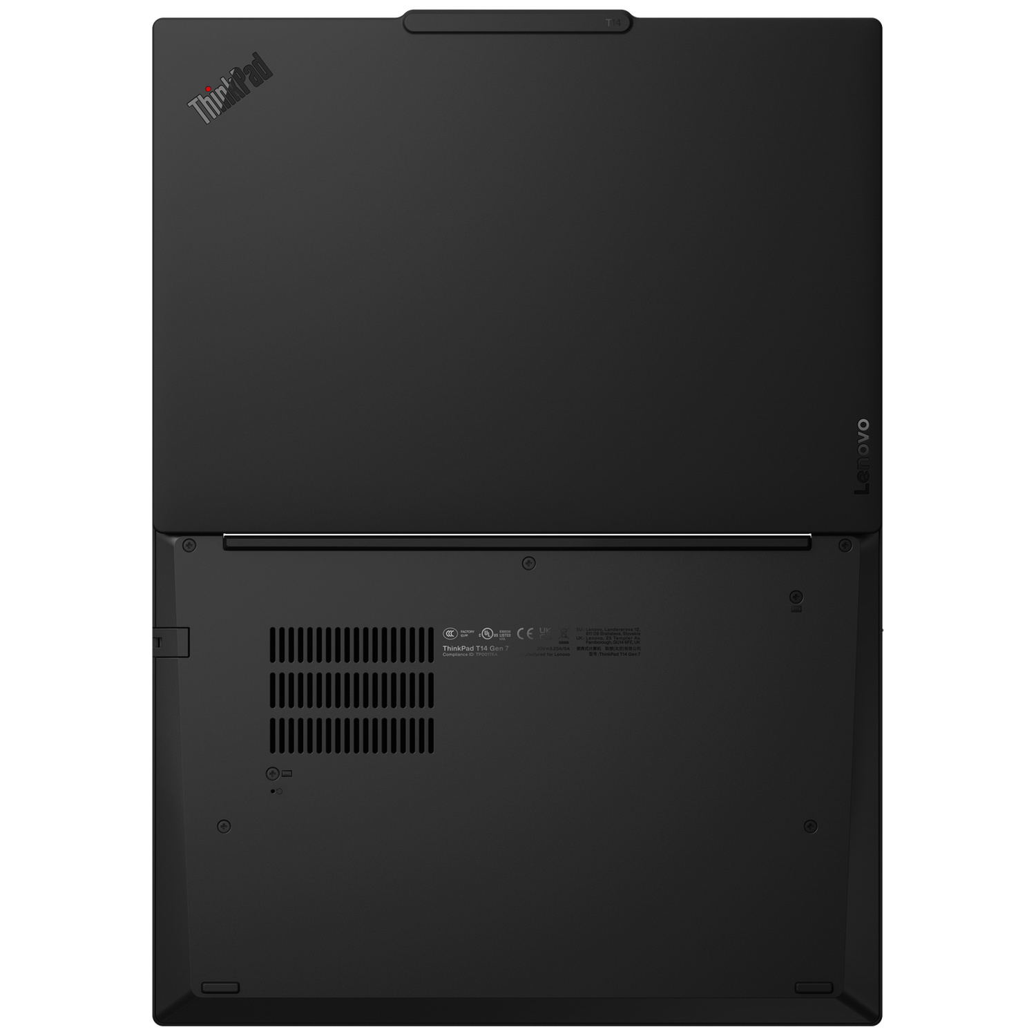 De onderkant van een zwarte laptop met ThinkPad en Lenovo logo's.