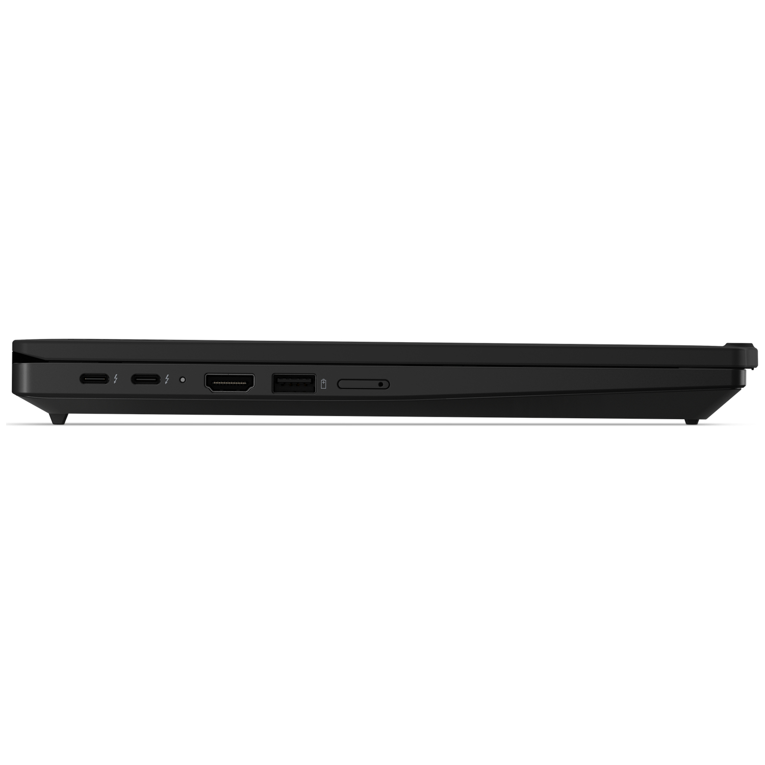 Zijaanzicht van een zwarte laptop met poorten: 2x USB-C, HDMI, USB-A, SD-kaartlezer.