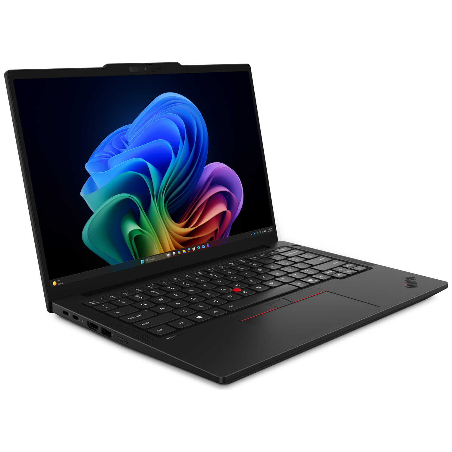 Zwarte laptop met kleurrijke achtergrond en toetsenbord.