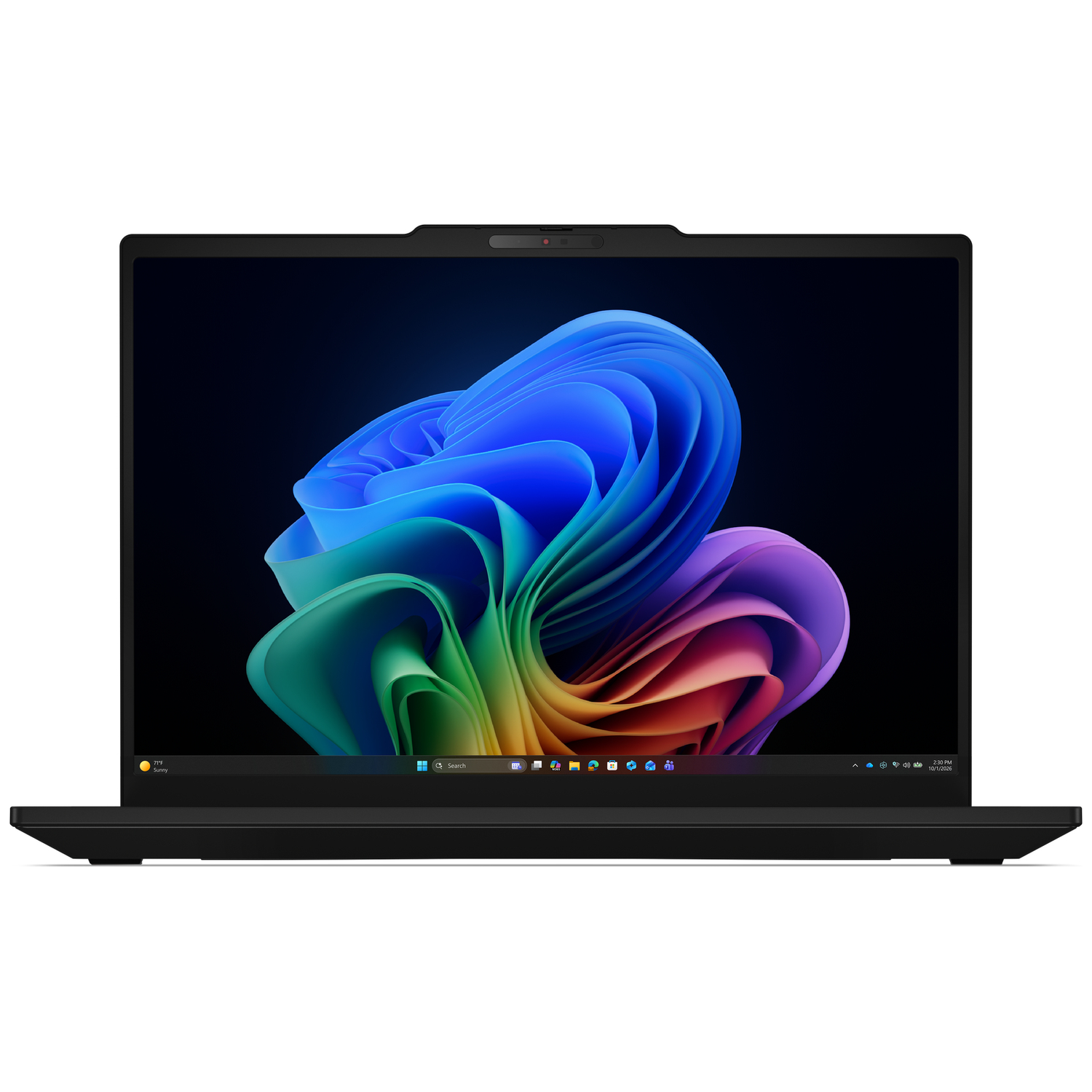 Zwarte laptop met Windows-interface en kleurrijke abstracte achtergrond.