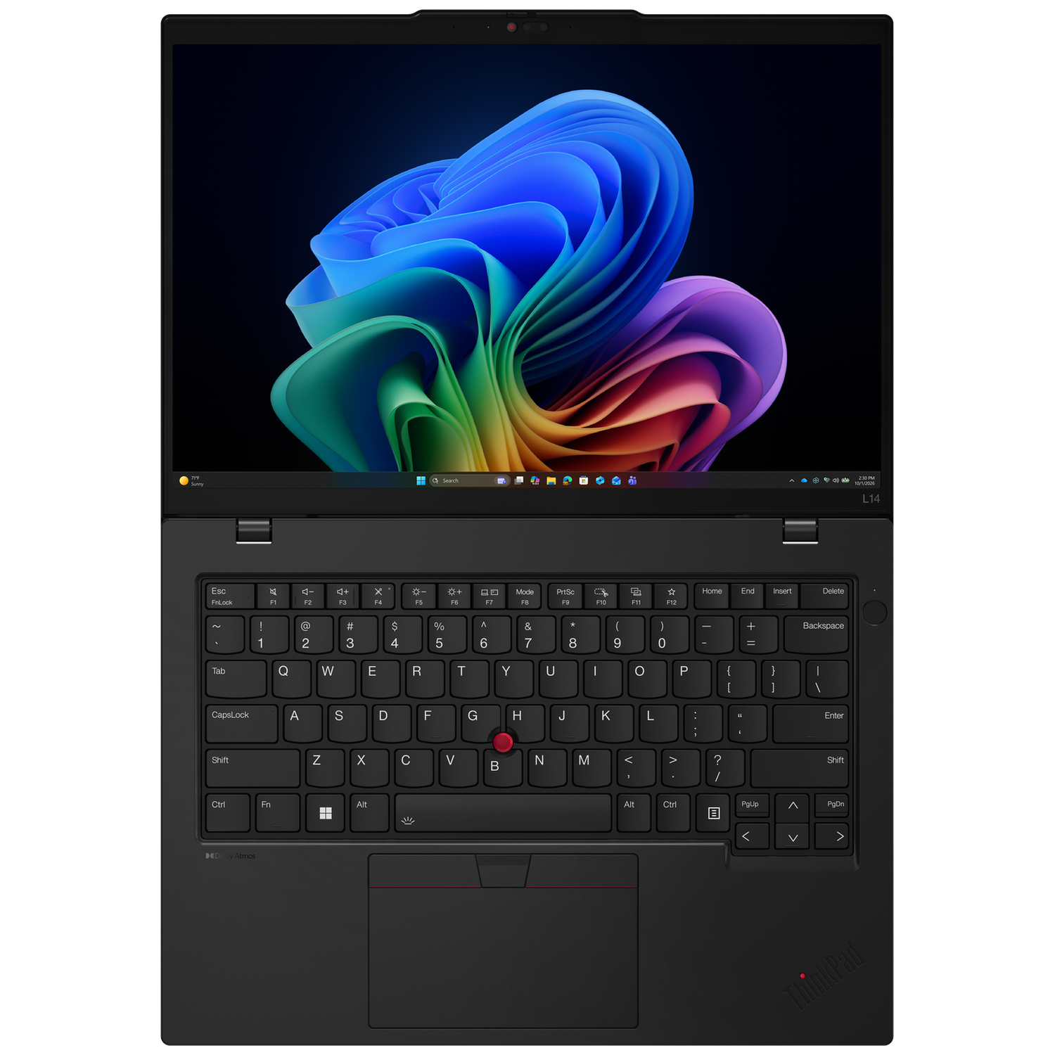 An open black laptop displaying a colorful abstract wallpaper on its screen.