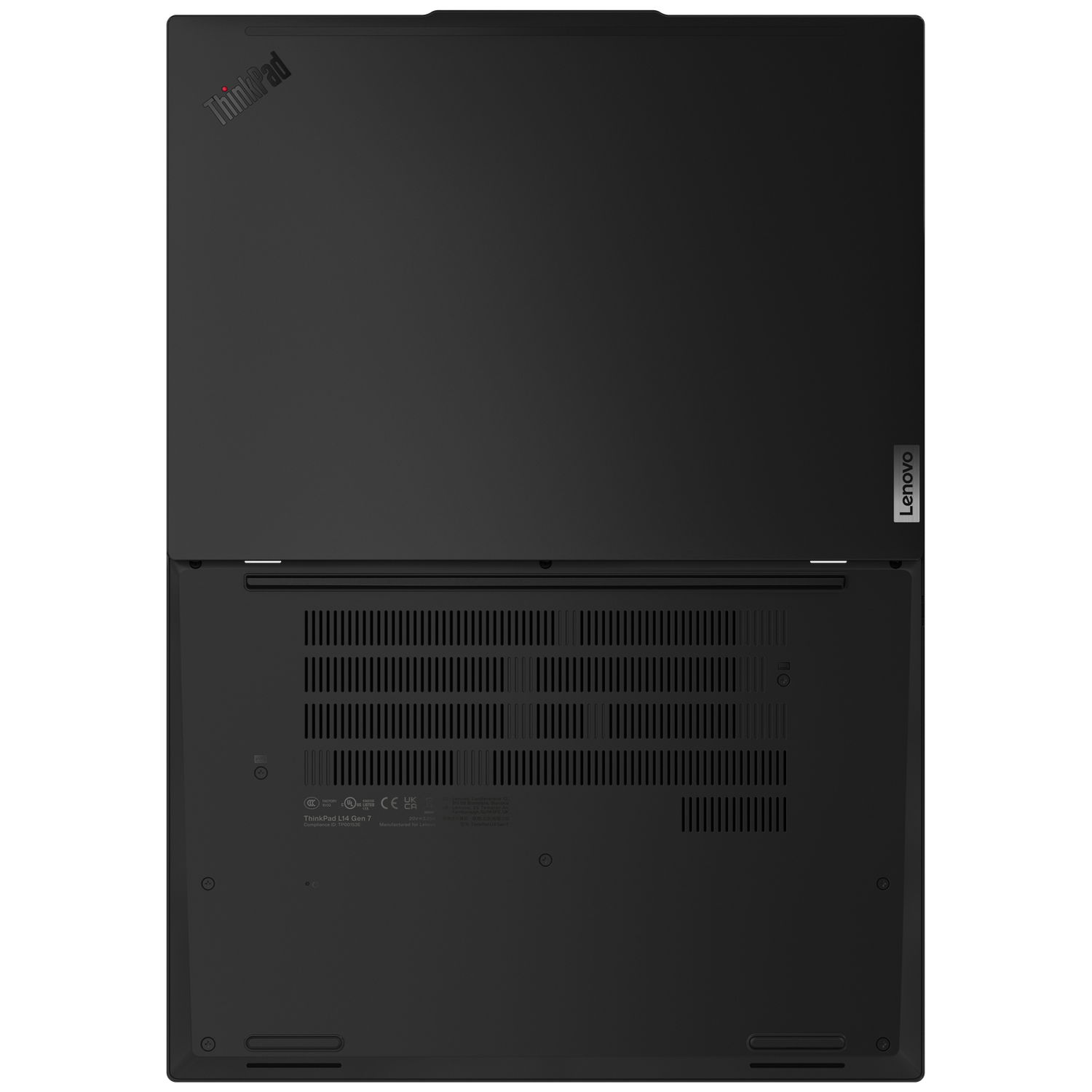 The black Lenovo ThinkPad L14 Gen 7 laptop is shown from the bottom. It has vents and labels.