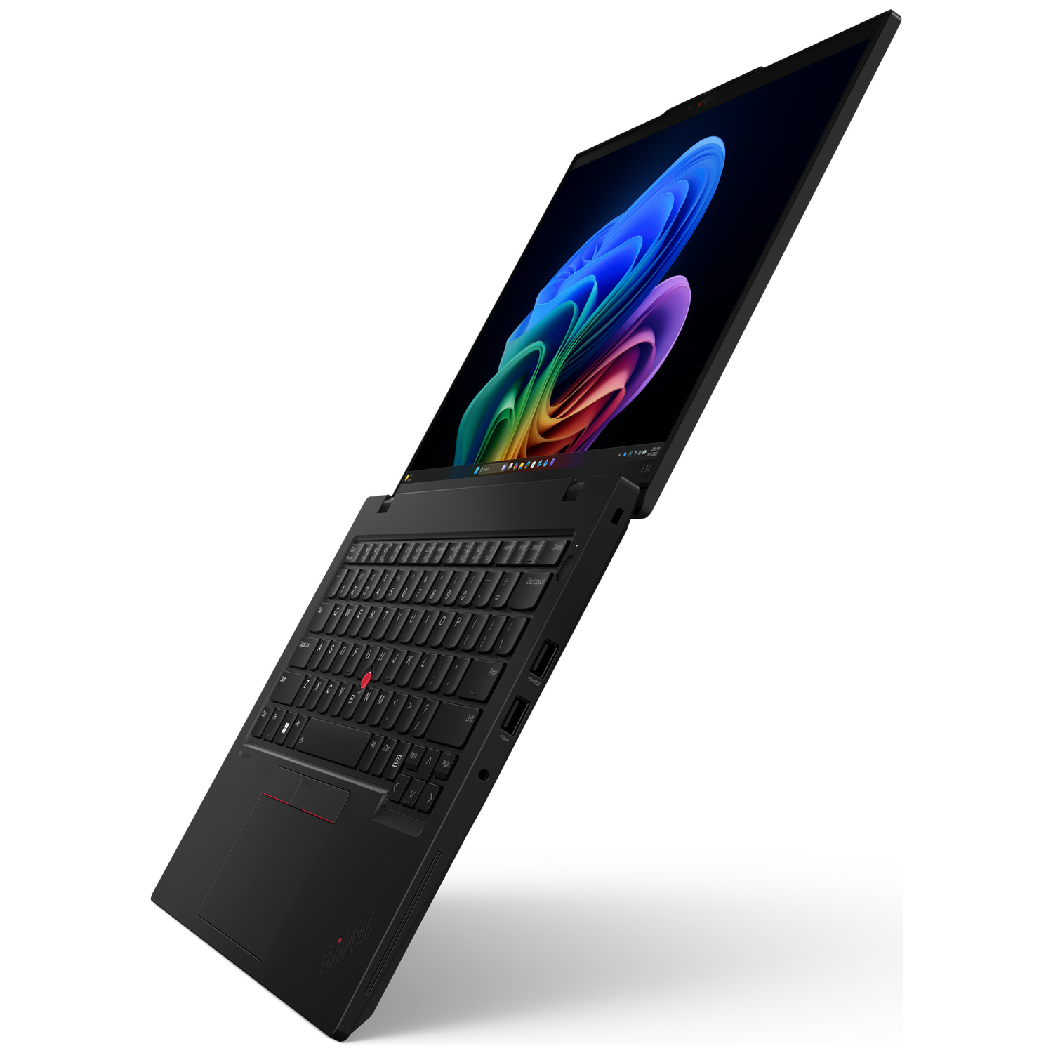 Black laptop with a colorful wallpaper displayed on its screen.