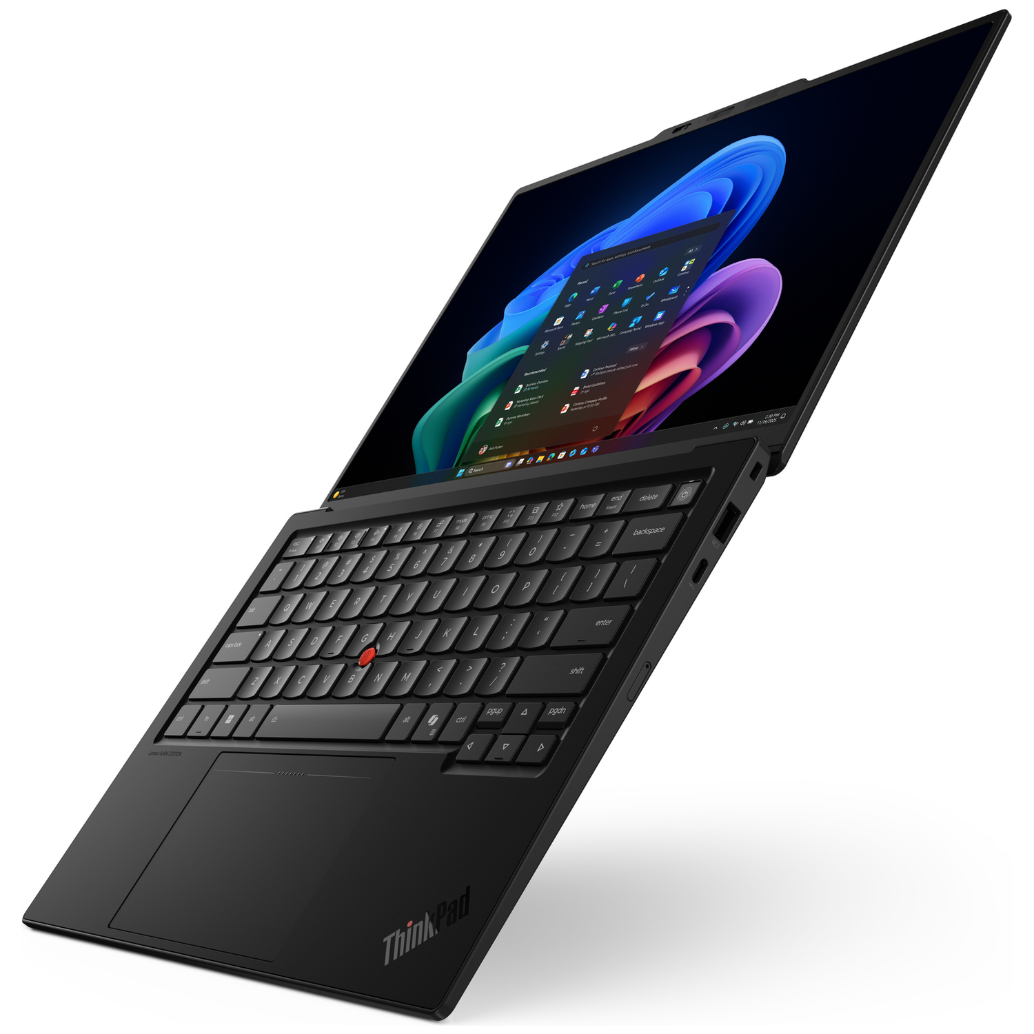 Zwarte laptop met verlicht ThinkPad-logo en kleurrijke taakbalk.