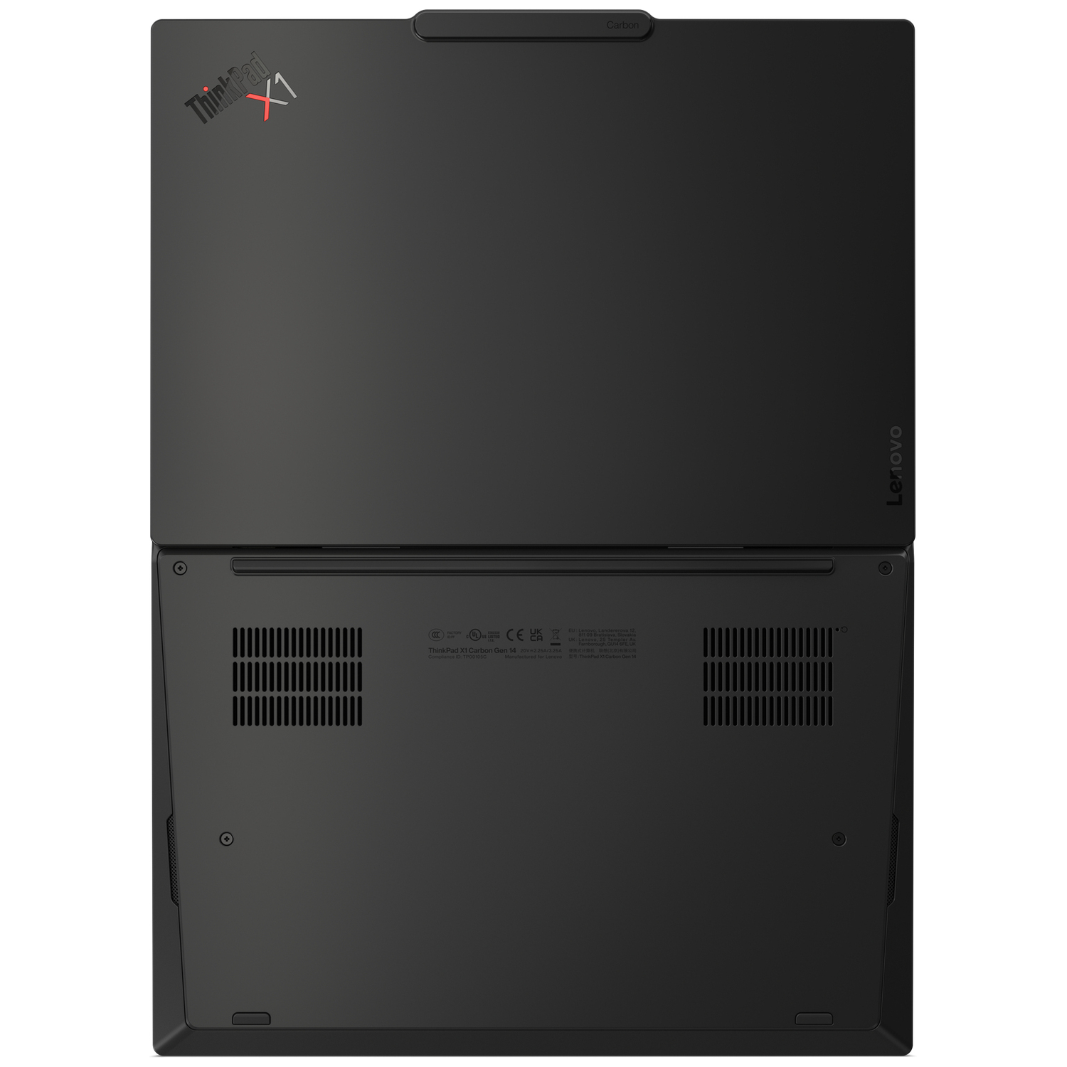 Onderkant van een zwarte Lenovo ThinkPad X1 Carbon laptop, met ventilatieopeningen en labels.