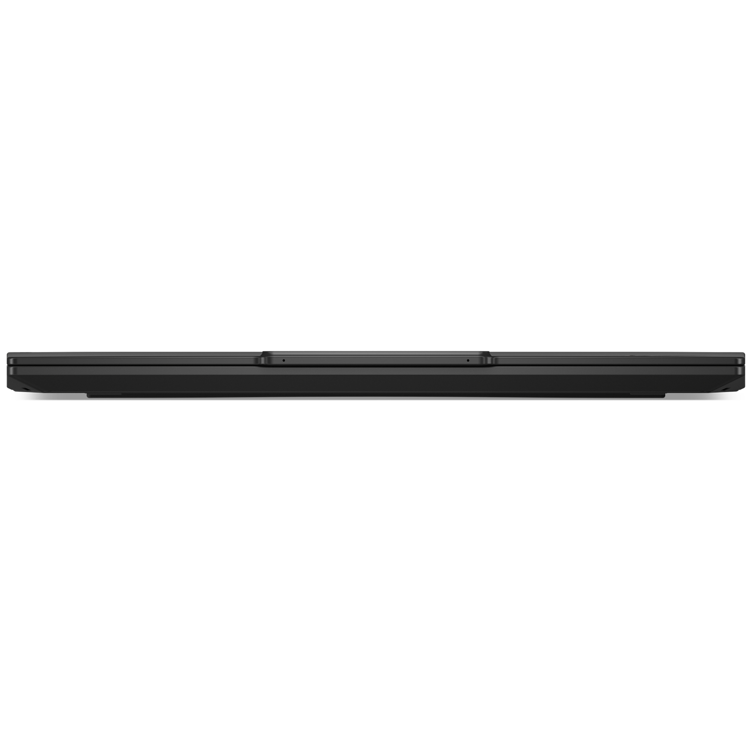 Zwart, smal soundbar-apparaat met verhoogd midden en bevestigingspunten.