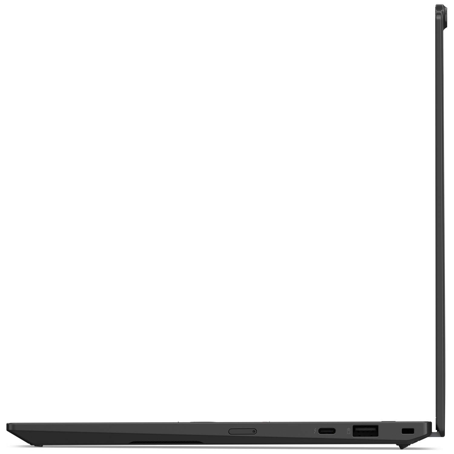 Zijaanzicht van een zwarte laptop met poorten en toetsenborddetails.