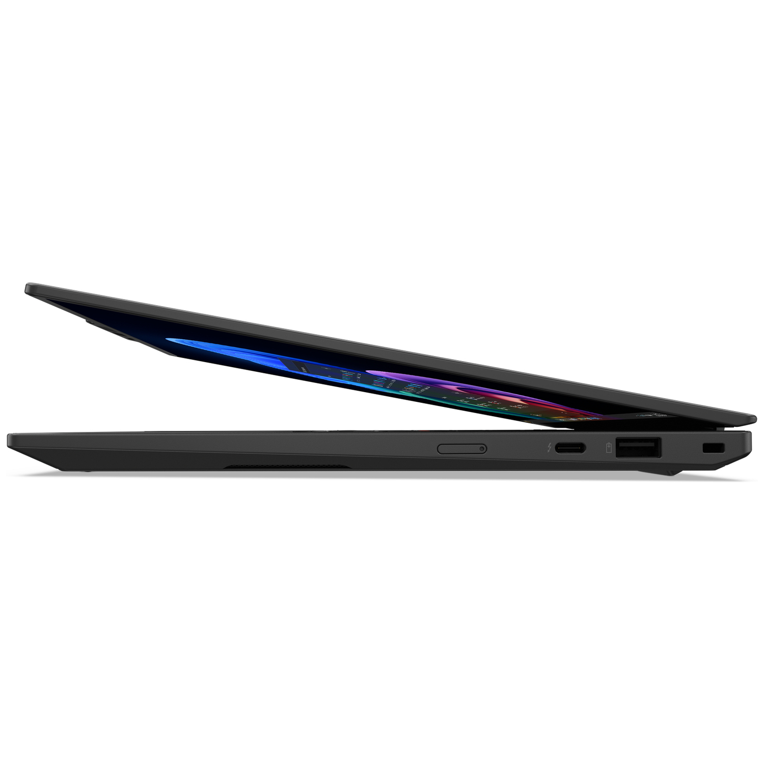 Zwarte laptop in profiel, scherm open met kleurrijke lichten.
