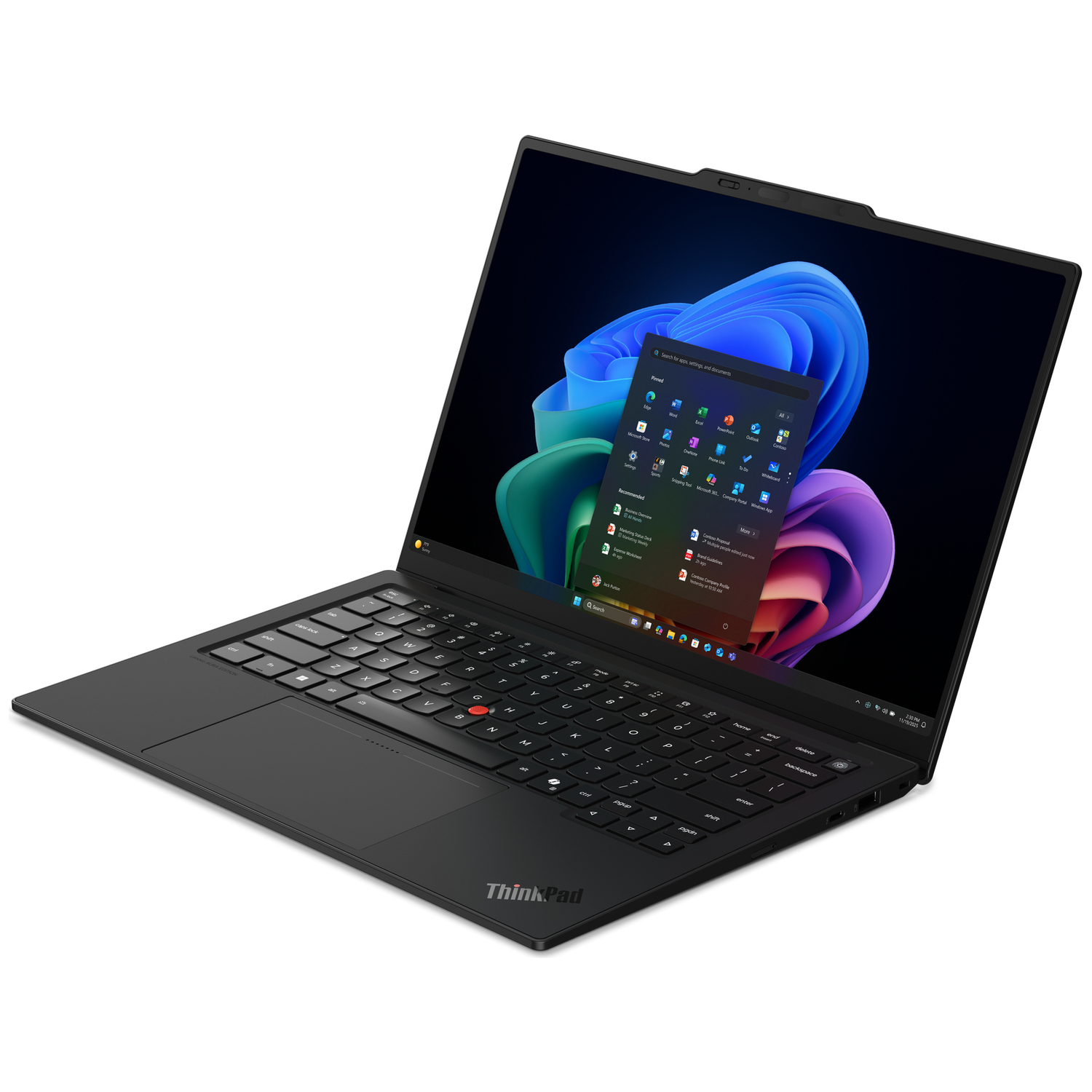 Een open zwarte laptop met kleurrijke Windows-achtergrond en geopende menu's.