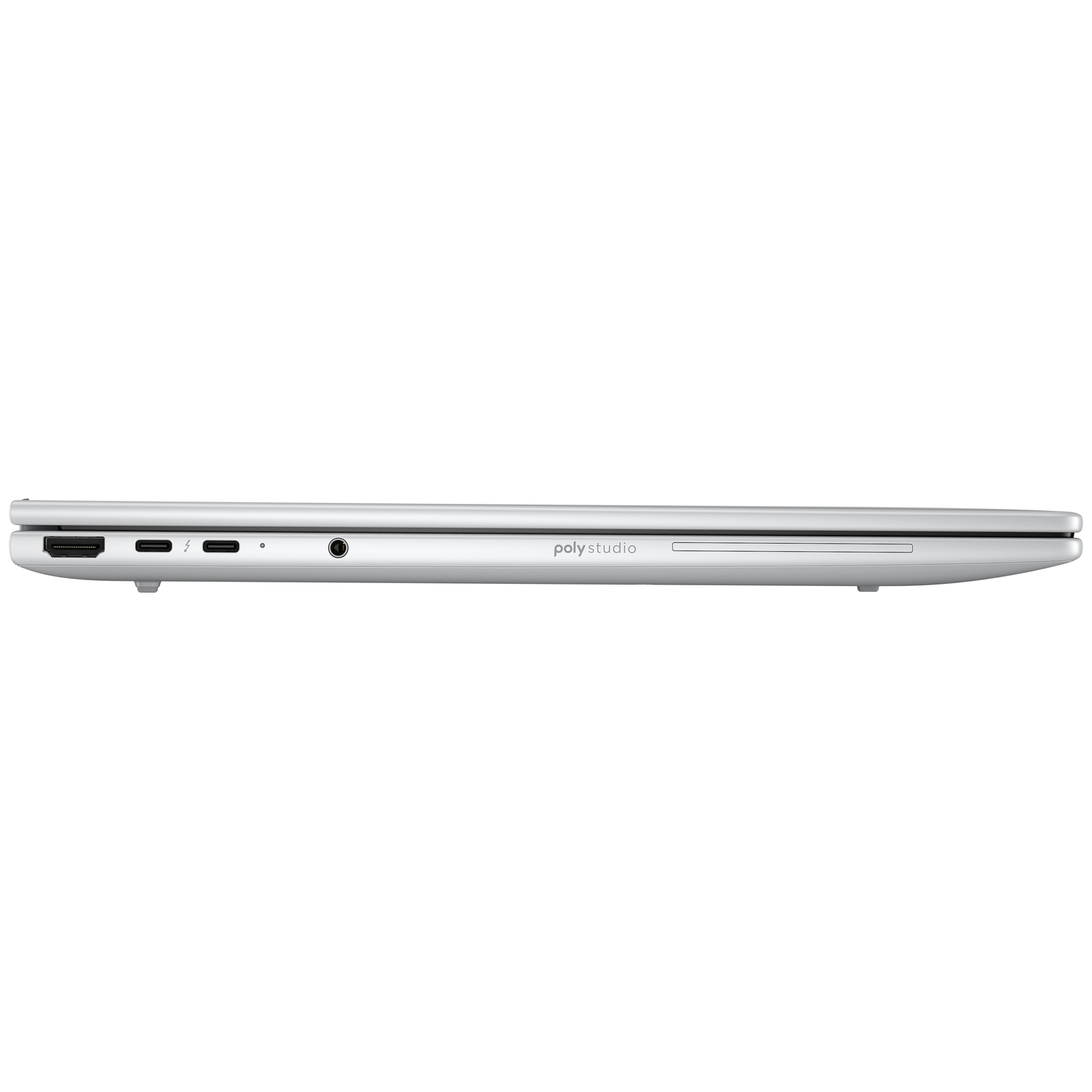 Zilveren laptop met HDMI-, Thunderbolt- en koptelefoonpoort.
