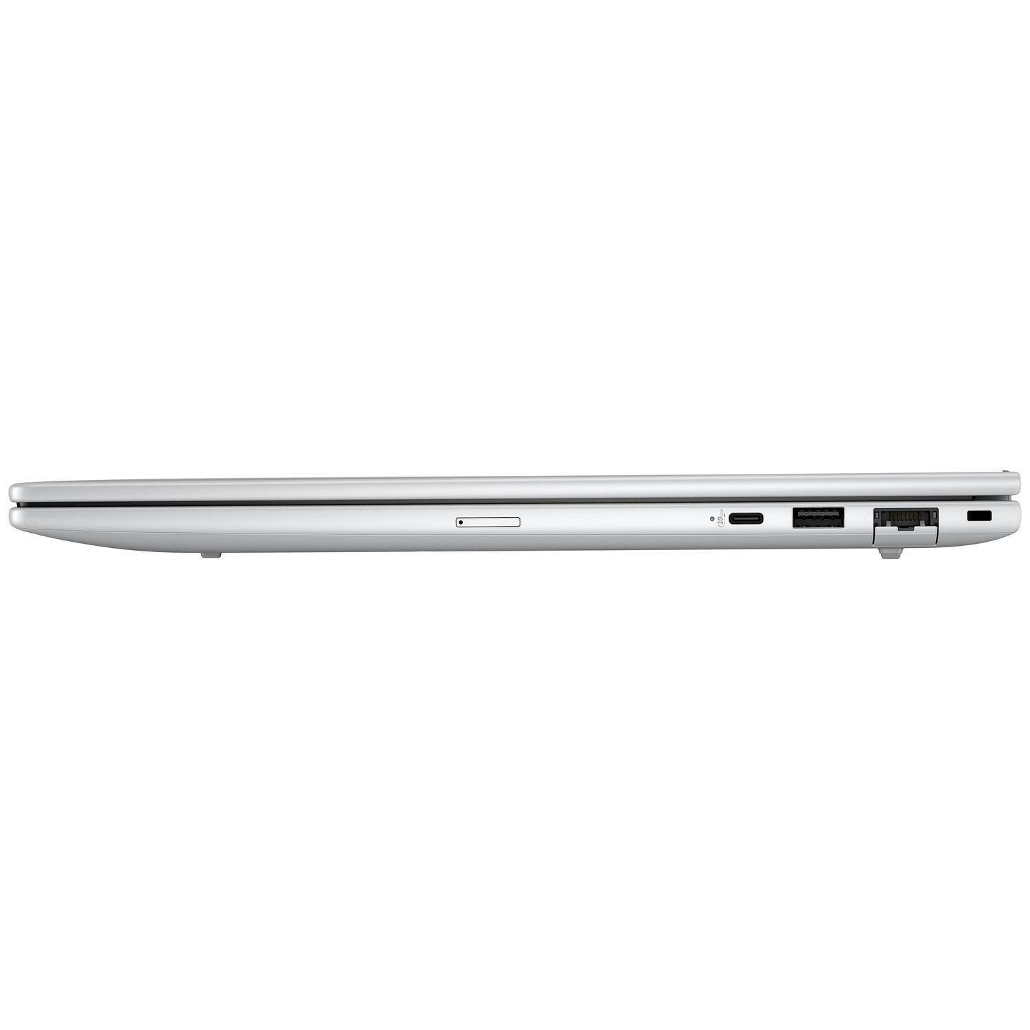 Linkerzijkant van een zilveren laptop, met USB-C, USB-A en SD-kaartslot.