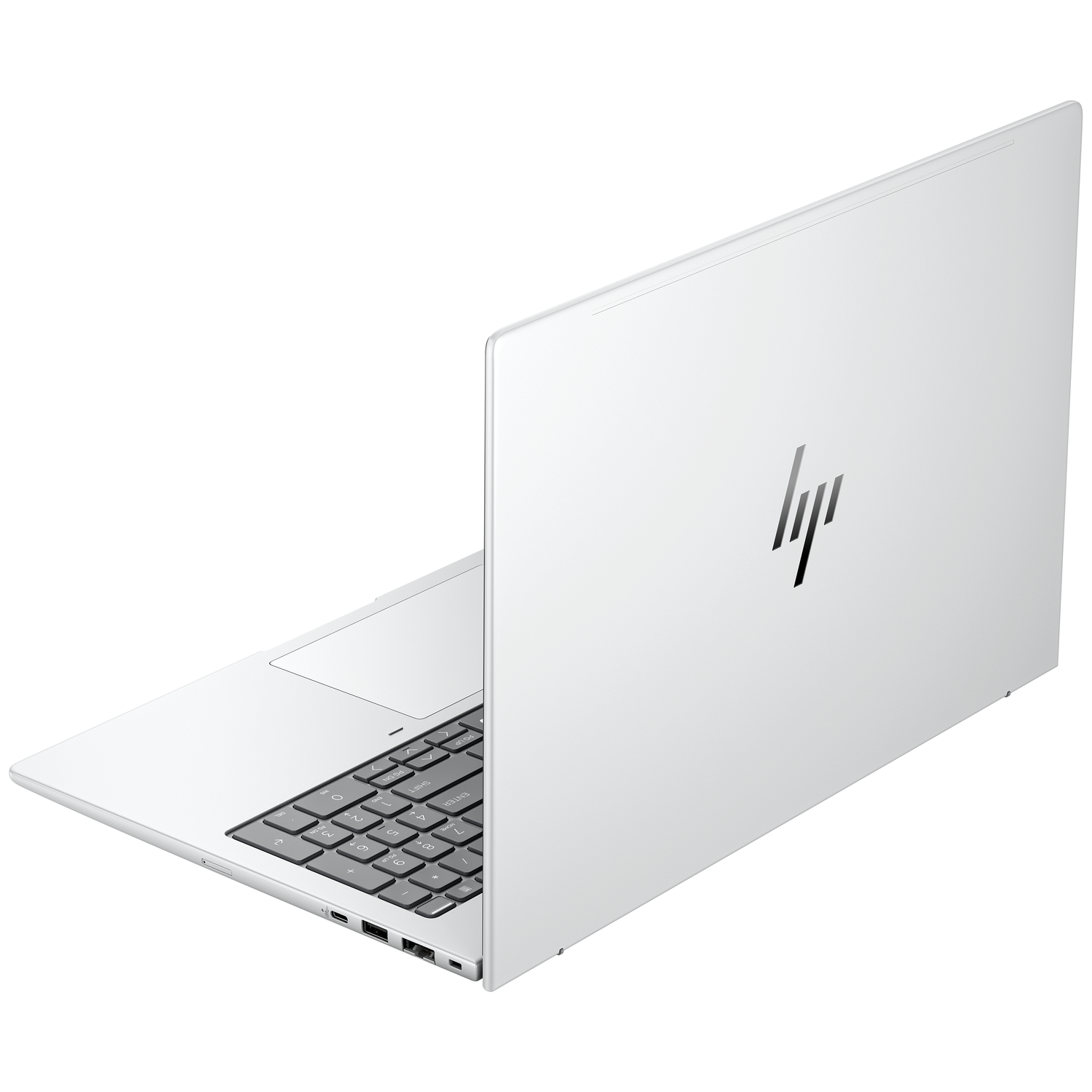 Een open witte HP laptop met toetsenbord en touchpad op een witte achtergrond.