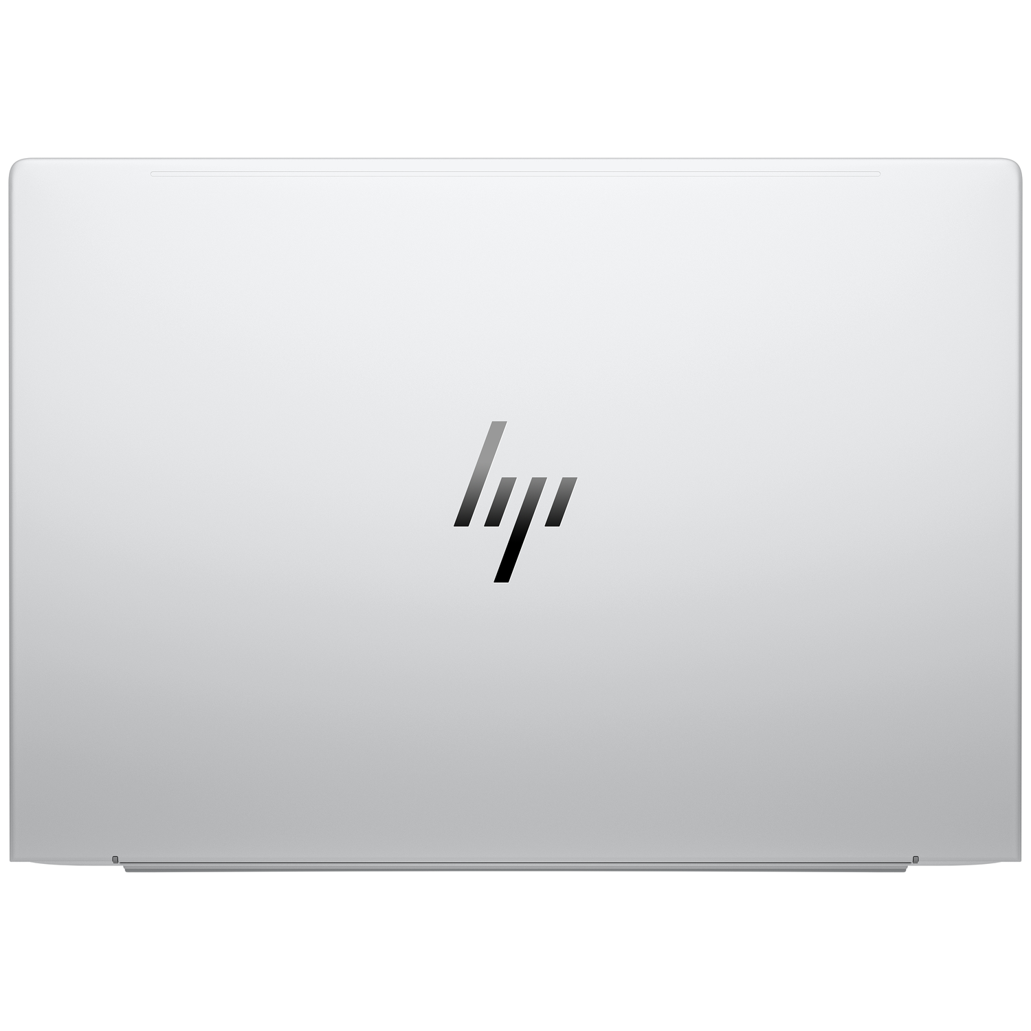 Gesloten zilveren laptop met zwart HP-logo op de achterkant.